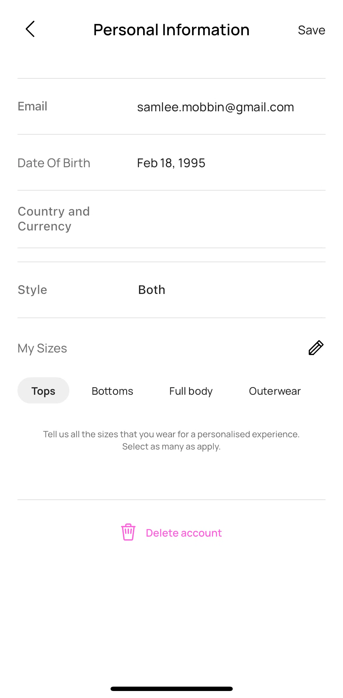 Whering Screen screen in the Deleting an account flow