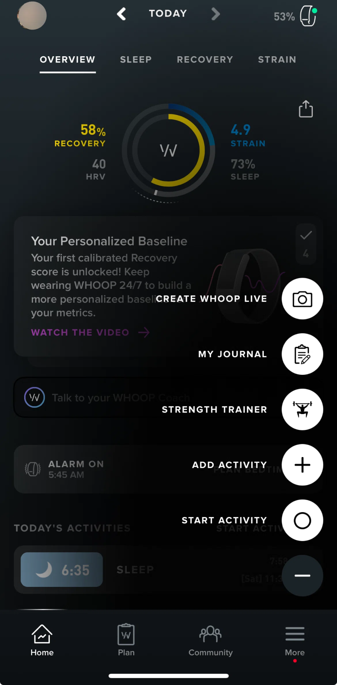 WHOOP Screen screen in the Adding a journal entry flow