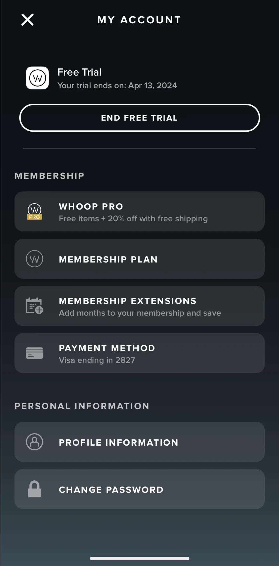 WHOOP Screen screen in the Changing my password flow