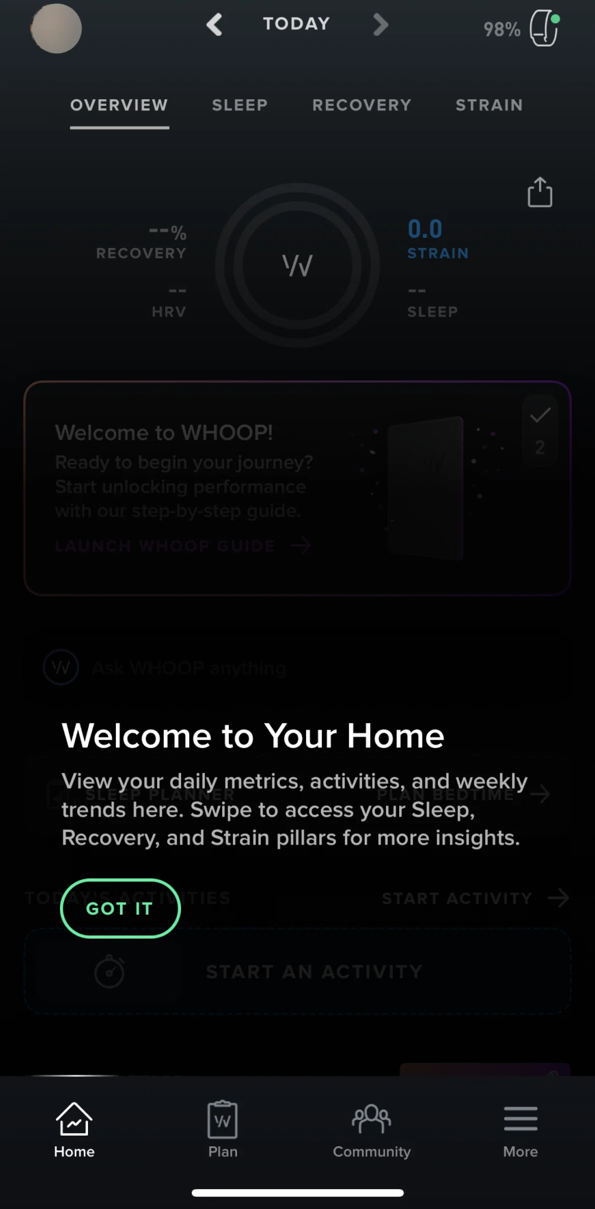WHOOP Screen screen in the Home flow