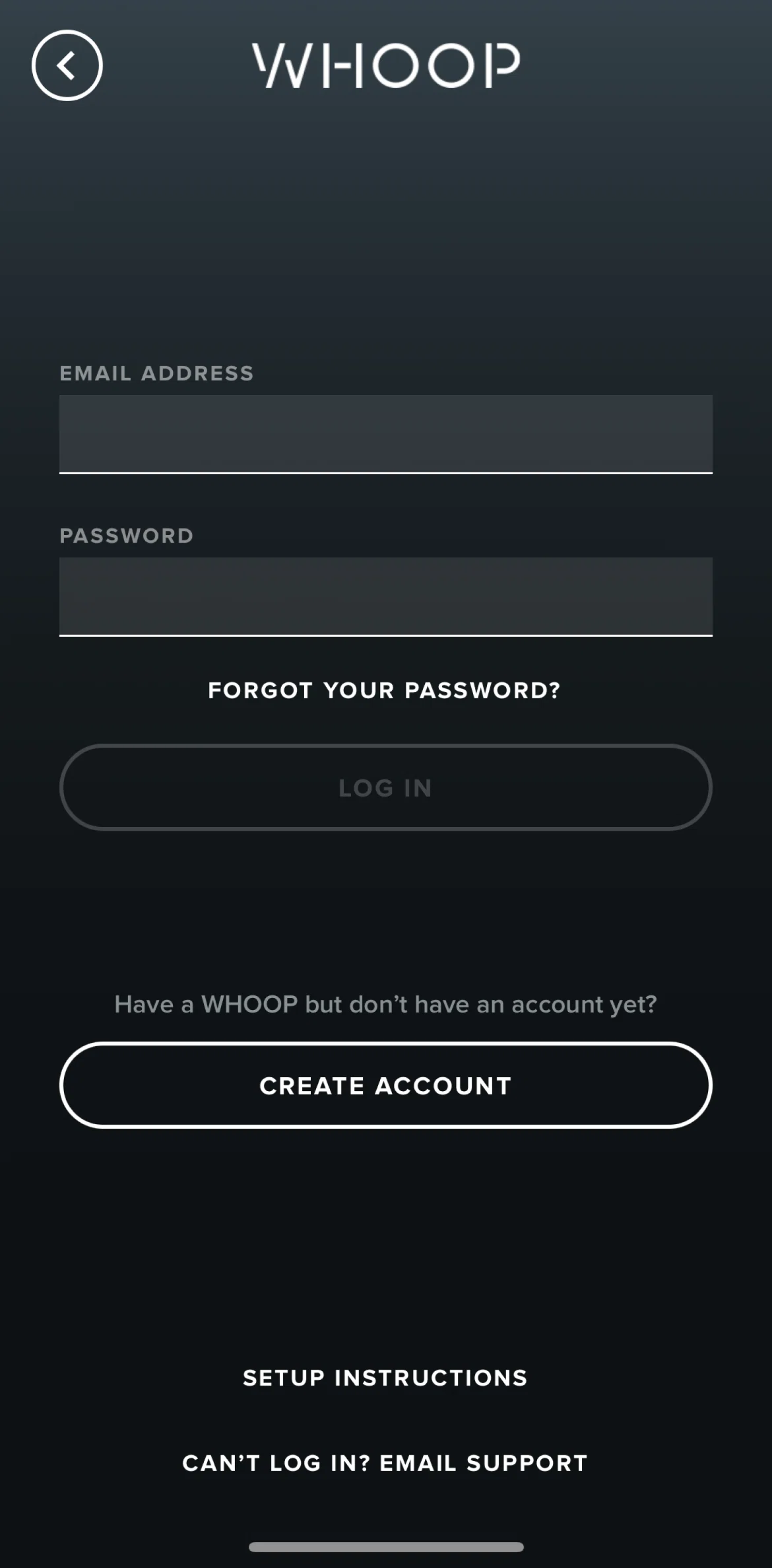 WHOOP Screen screen in the Resetting password flow