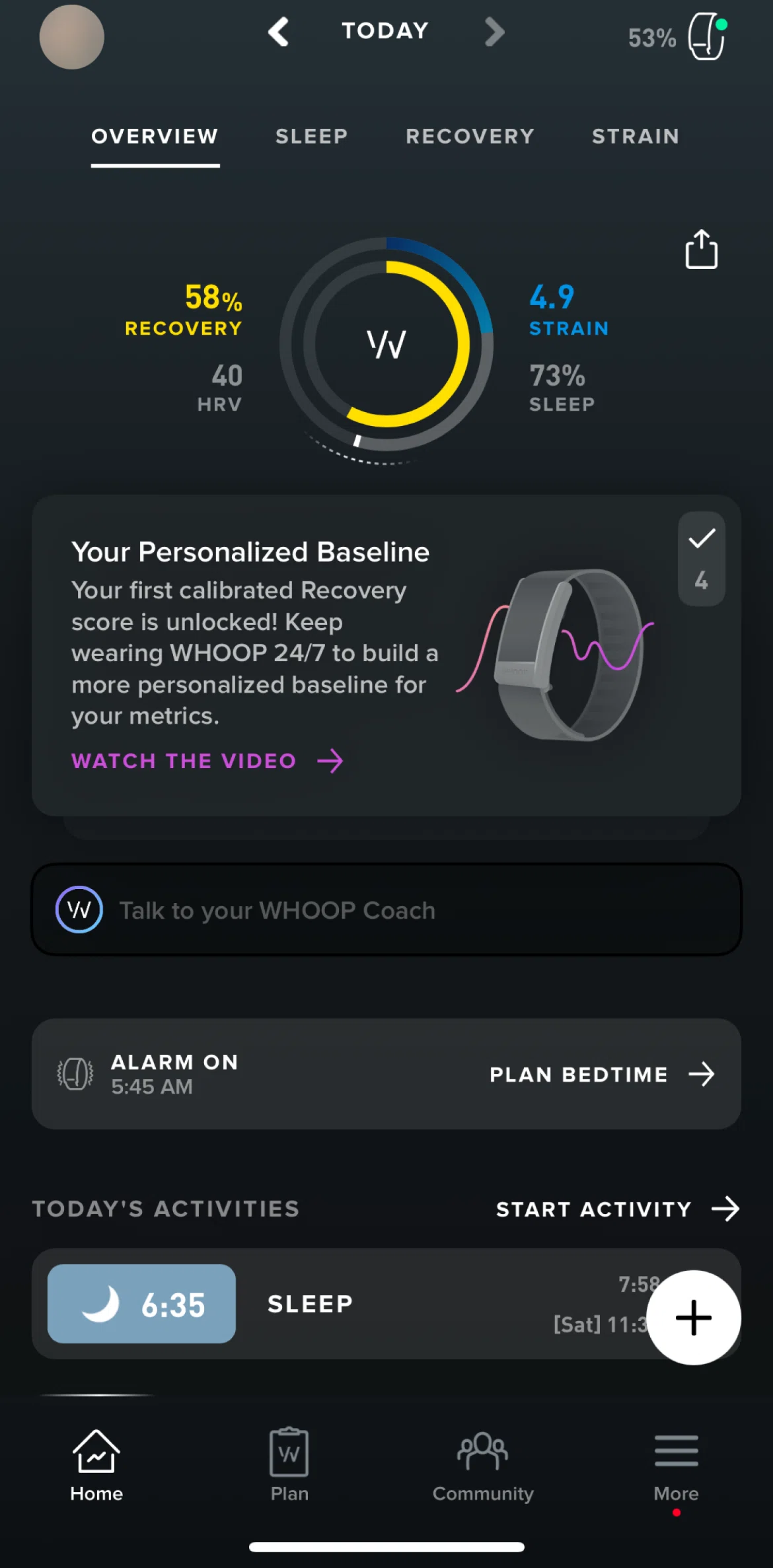 WHOOP Screen screen in the Setting a wake time flow