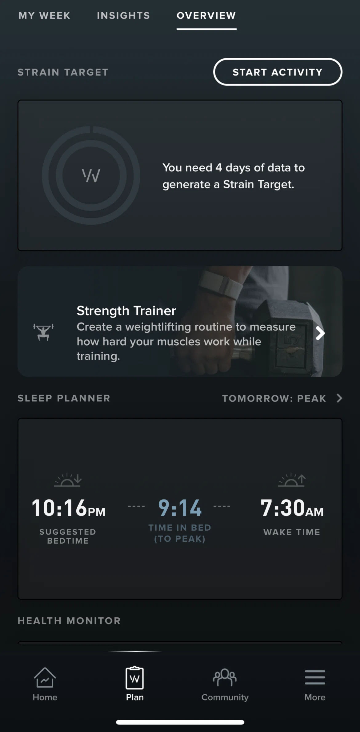 WHOOP Screen screen in the Setting up a sleep planner flow