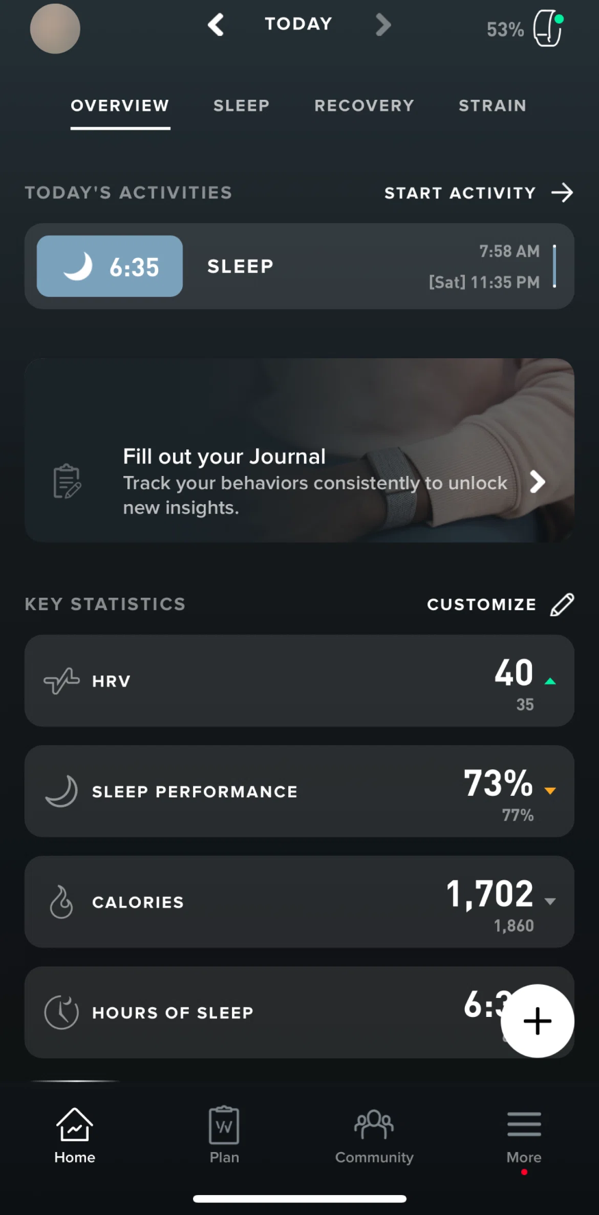 WHOOP Screen screen in the View daily sleep data flow