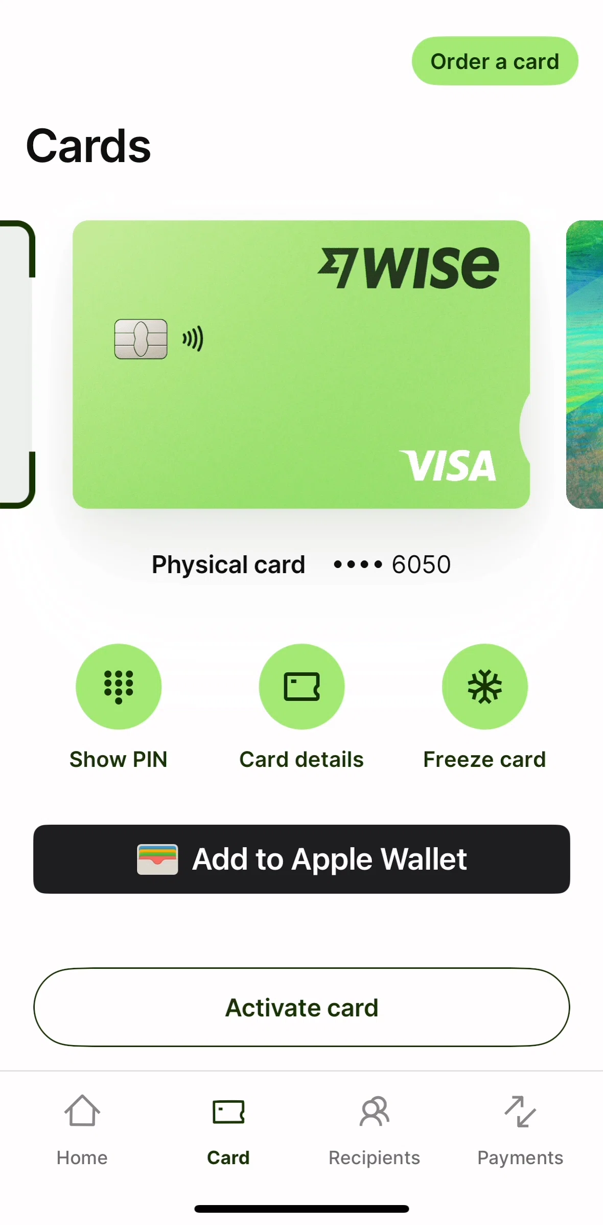 Wise Screen screen in the Activating card flow