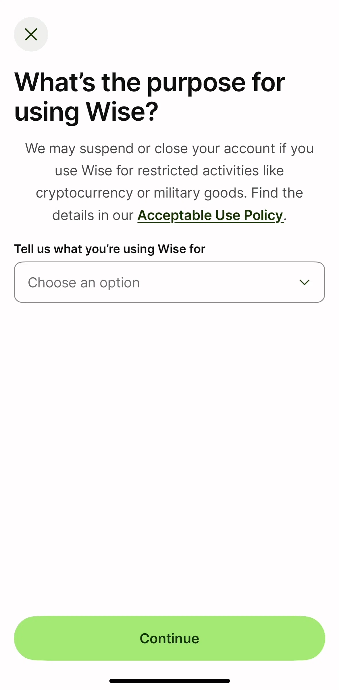 Wise Screen screen in the Add business information flow