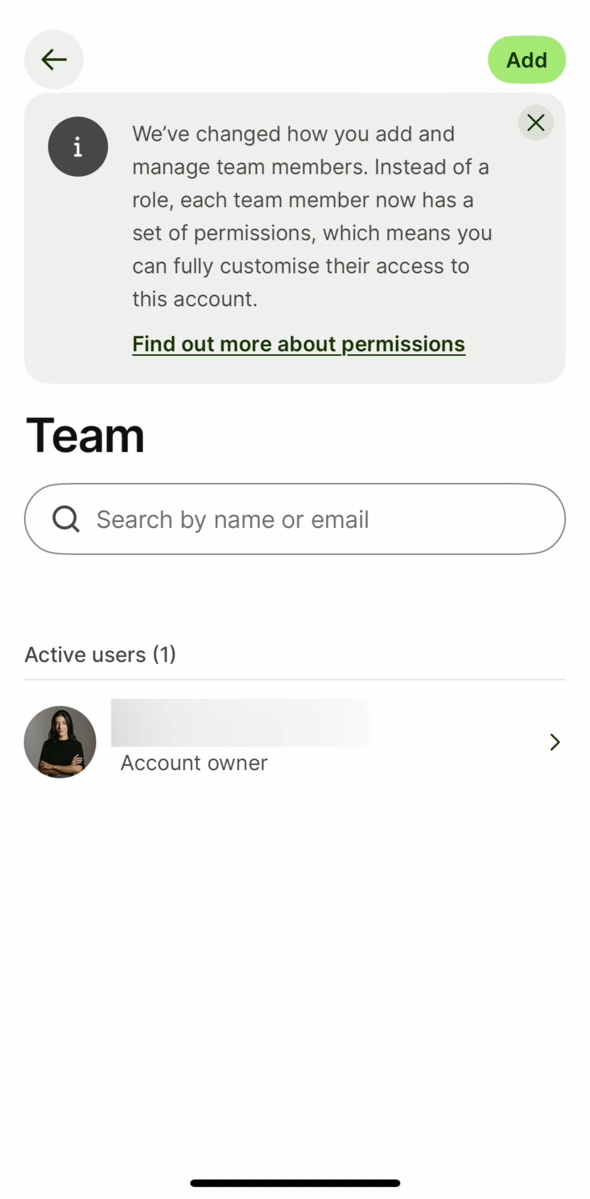Wise Screen screen in the Adding a team member flow