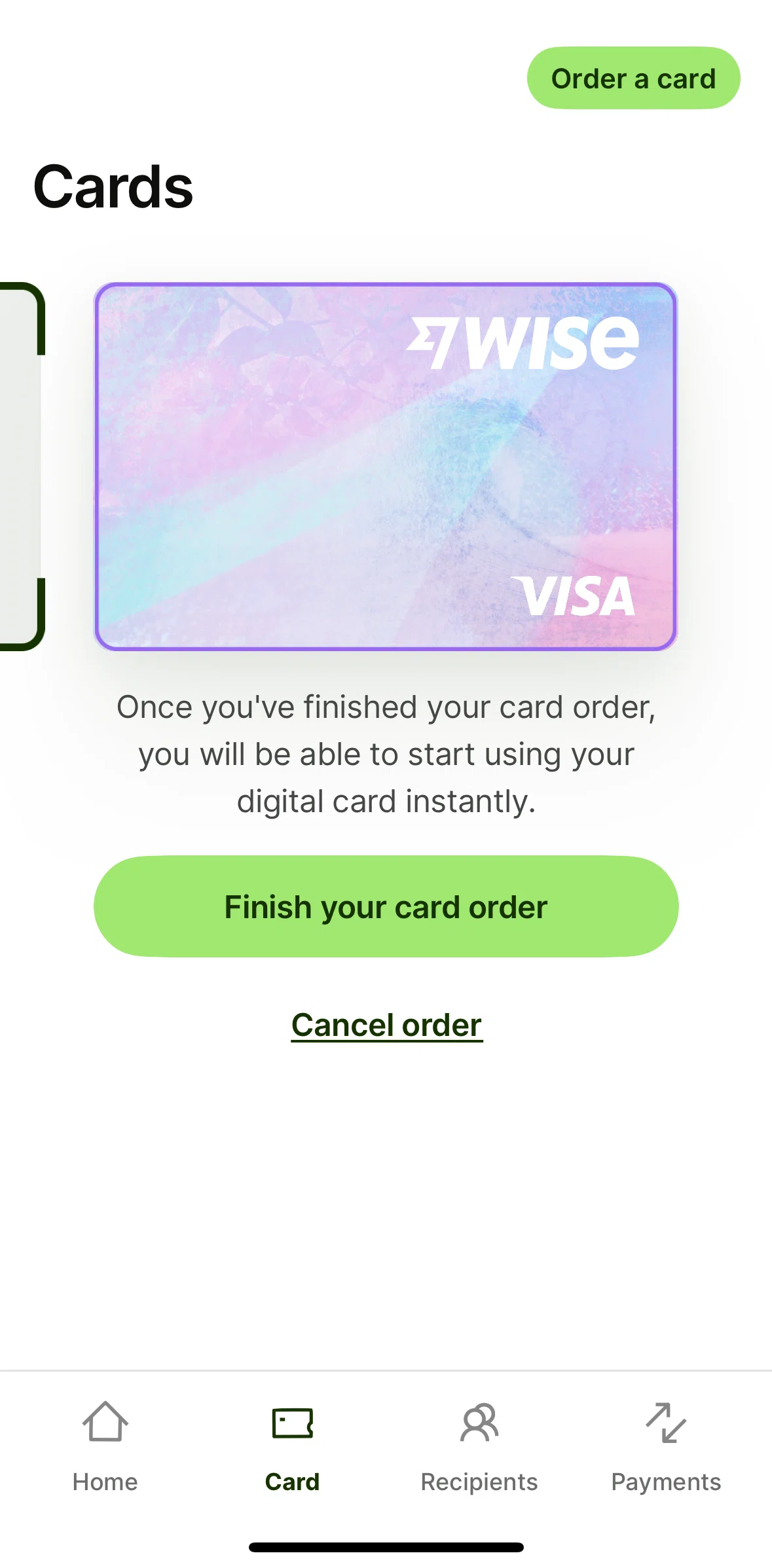 Wise Screen screen in the Canceling a card order flow