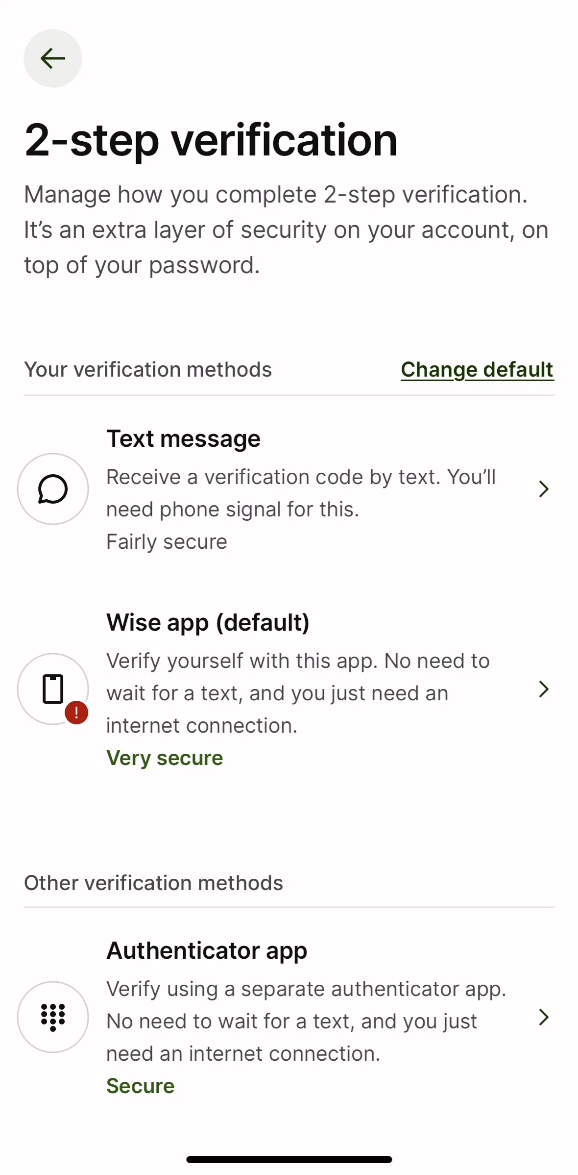 Wise Screen screen in the Changing default verification method flow