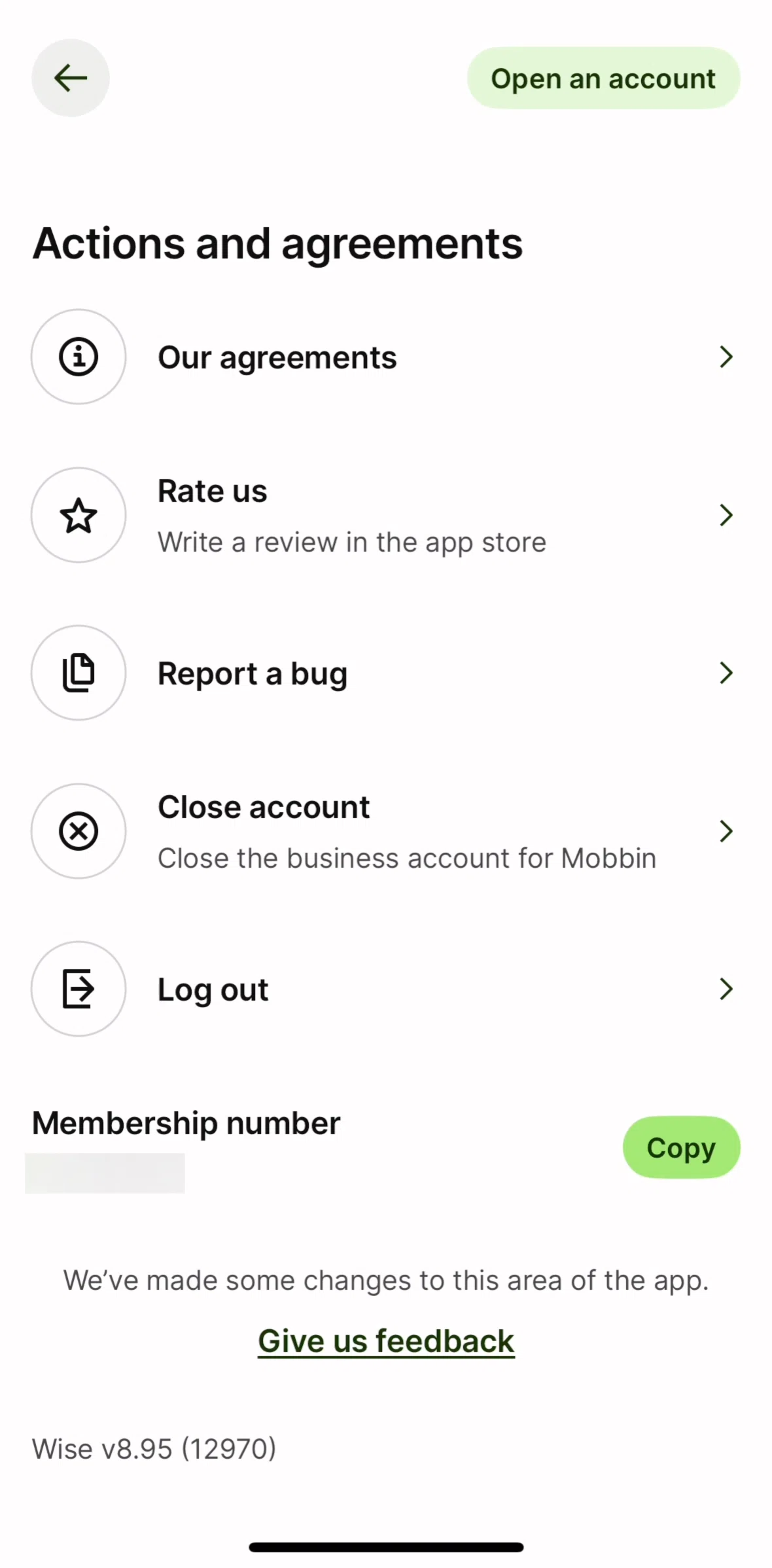Wise Screen screen in the Closing an account (Business) flow