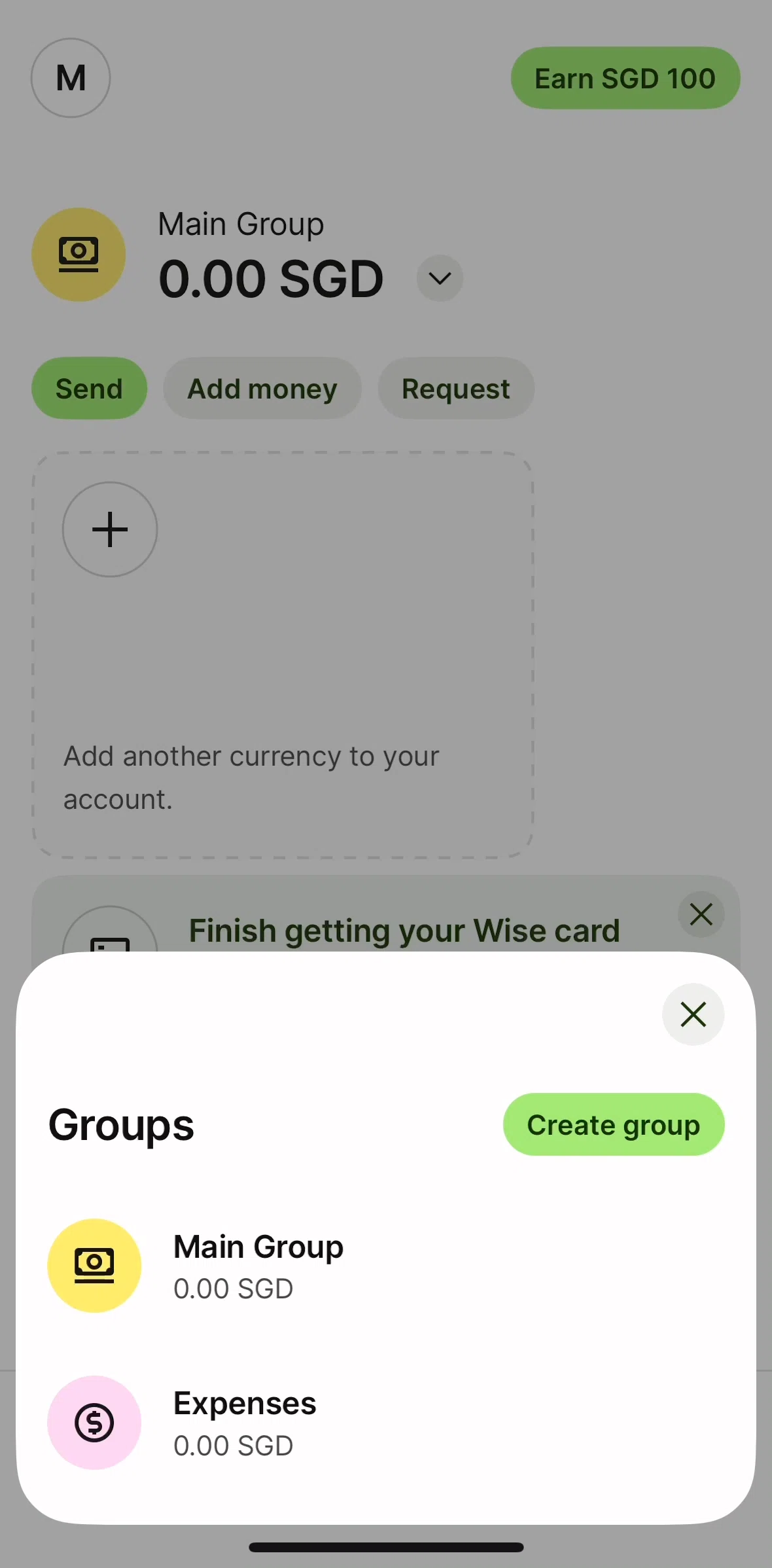 Wise Screen screen in the Creating a new group flow