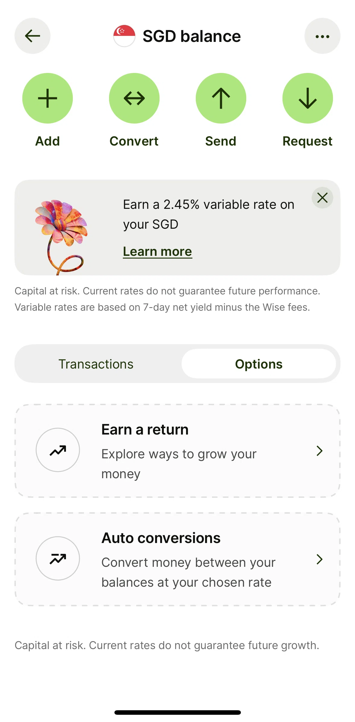 Wise Screen screen in the Earn a return flow