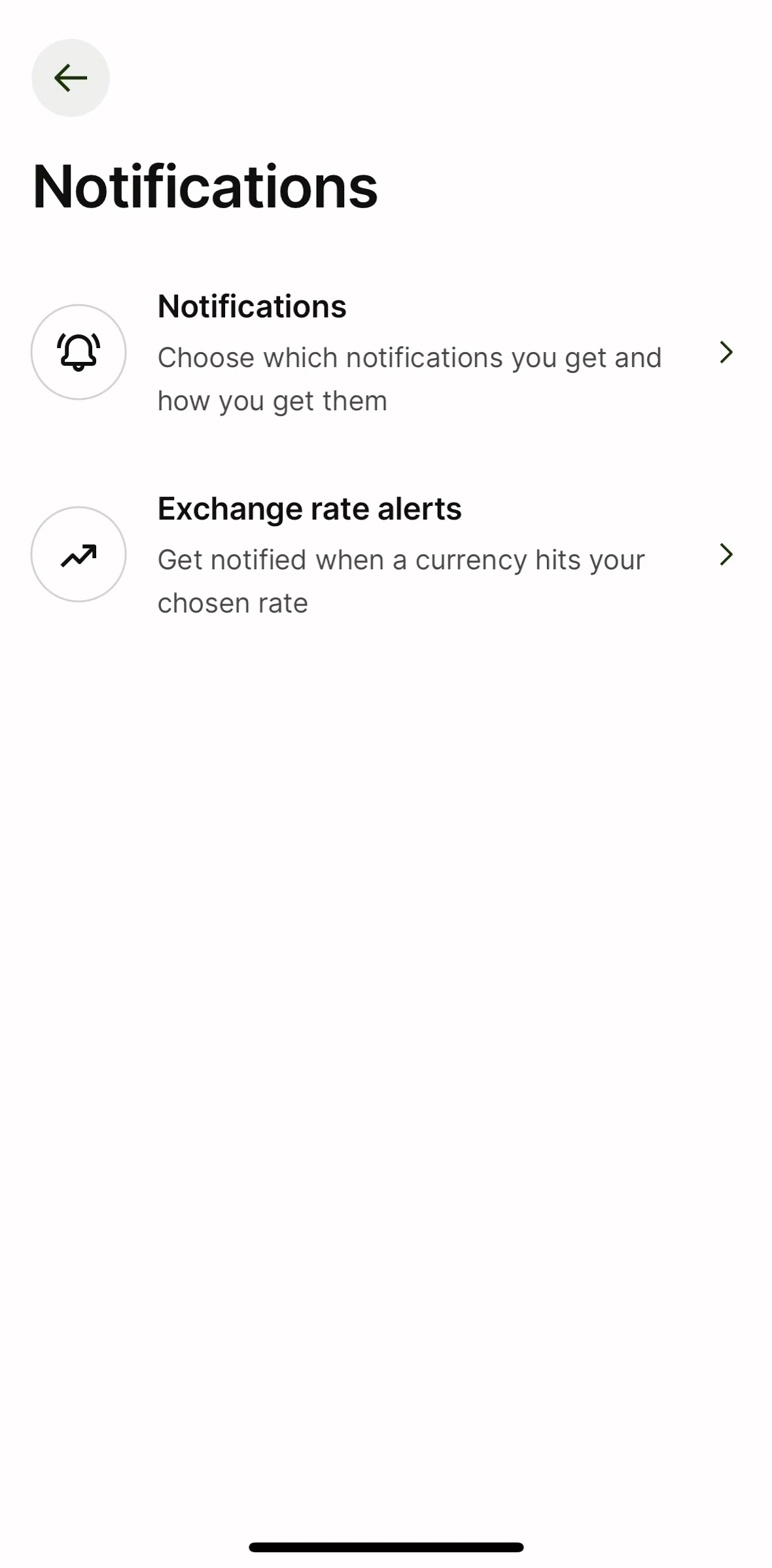 Wise Screen screen in the Exchange rate alerts flow