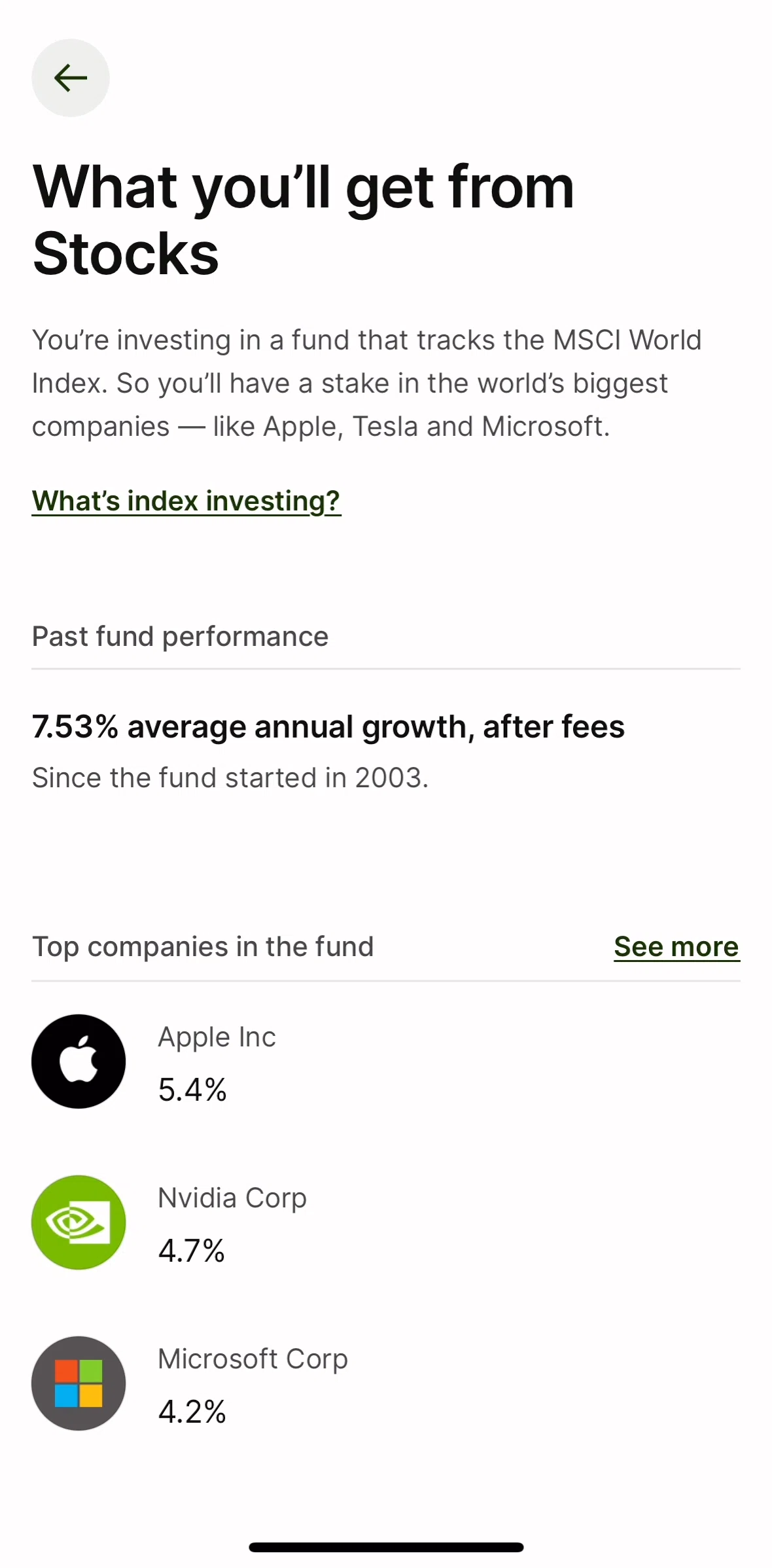 Wise Screen screen in the Index investing flow