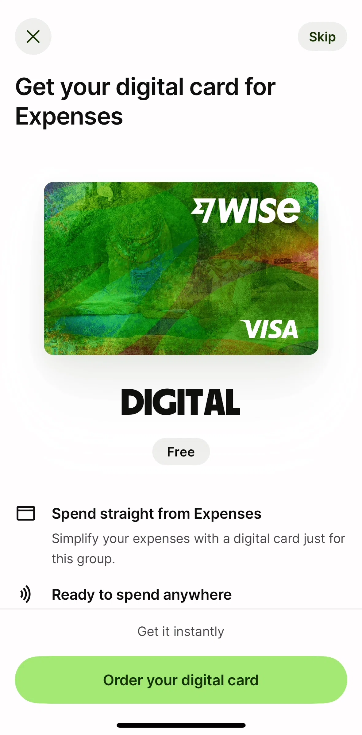 Wise Screen screen in the Ordering a digital card (Business) flow
