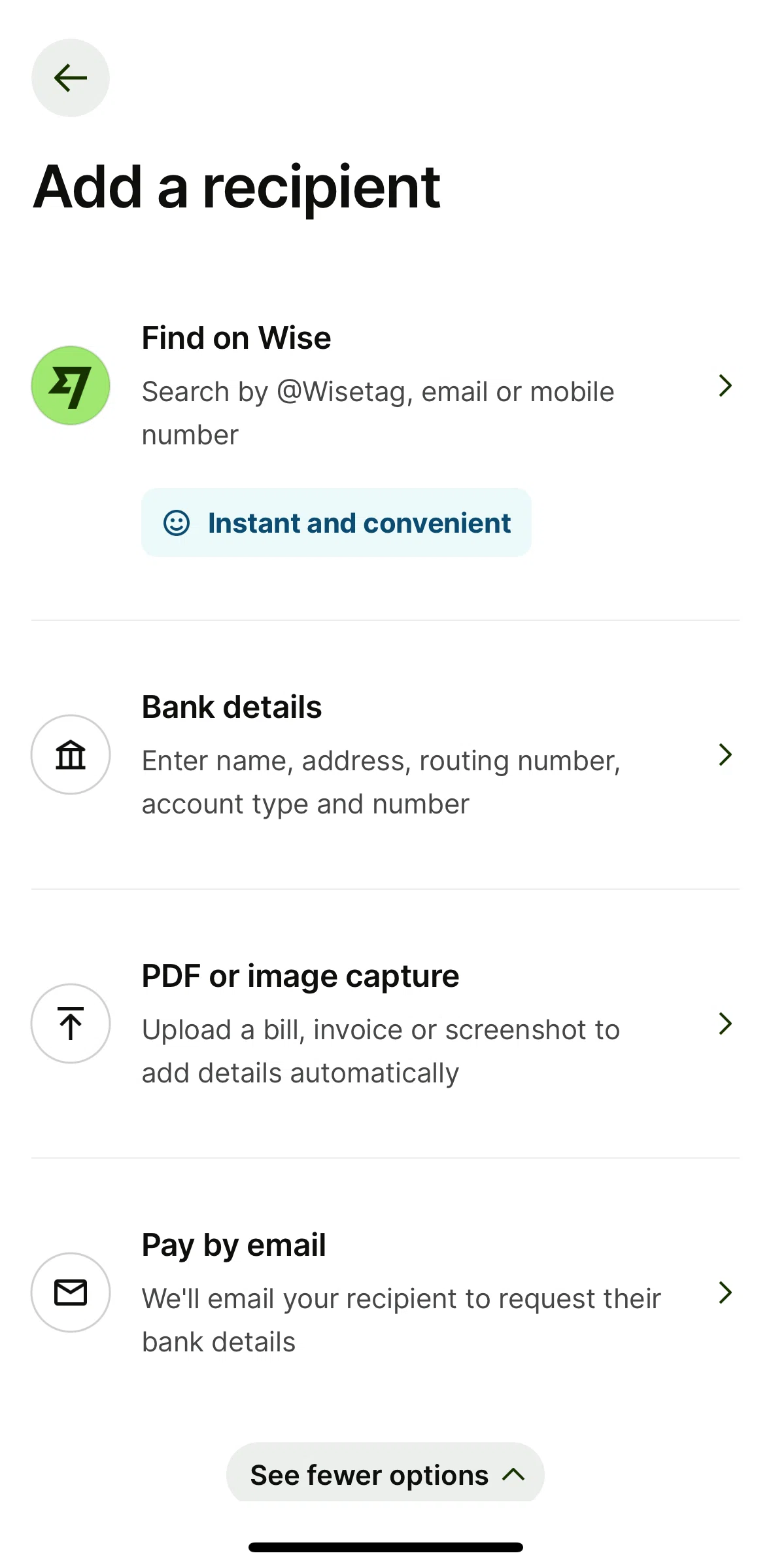 Wise Screen screen in the Pay by PDF or image capture flow