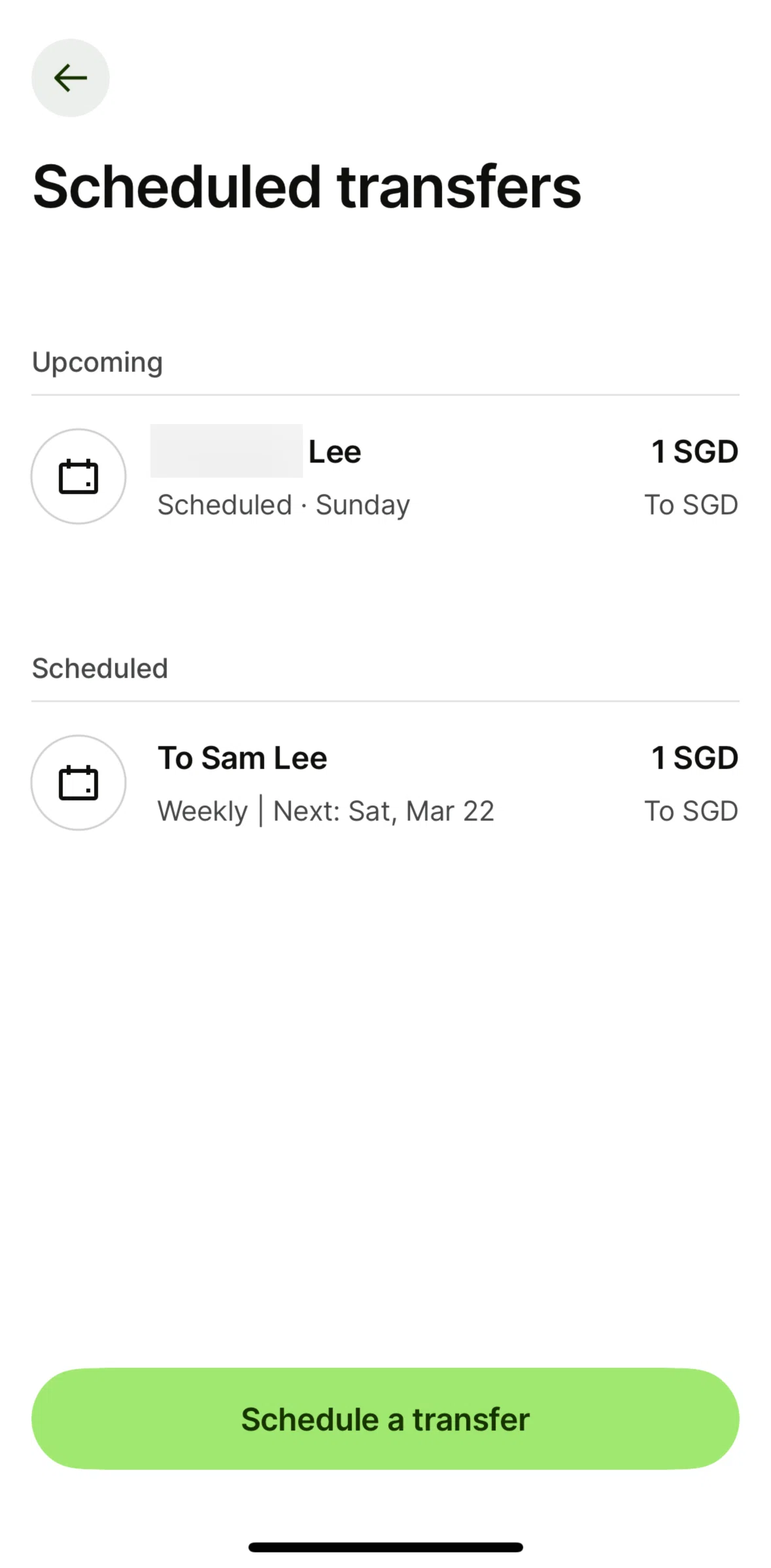 Wise Screen screen in the Scheduled transfer detail flow