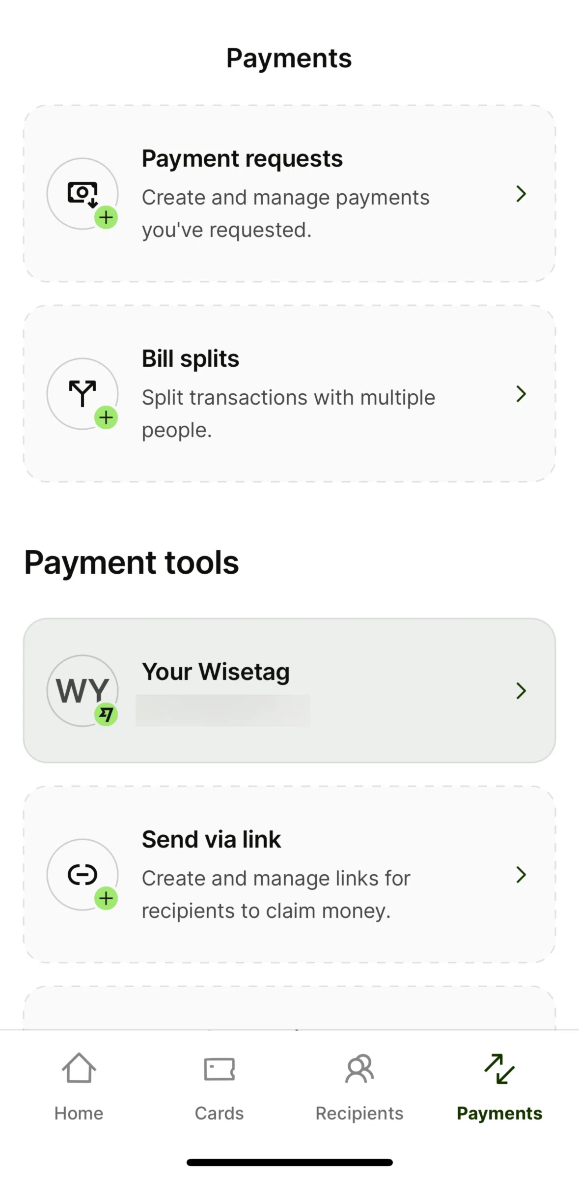 Wise Screen screen in the Send via link flow