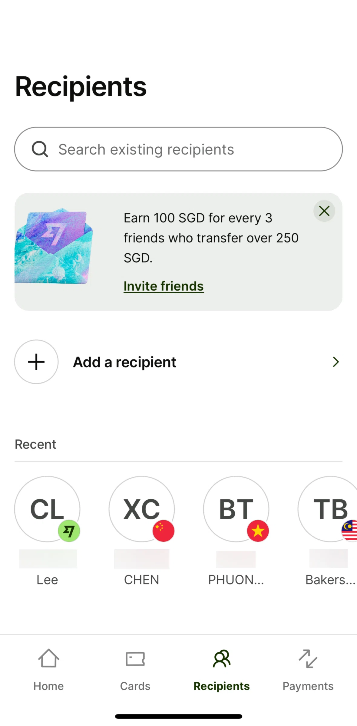 Wise Screen screen in the Sending money (recipient) flow