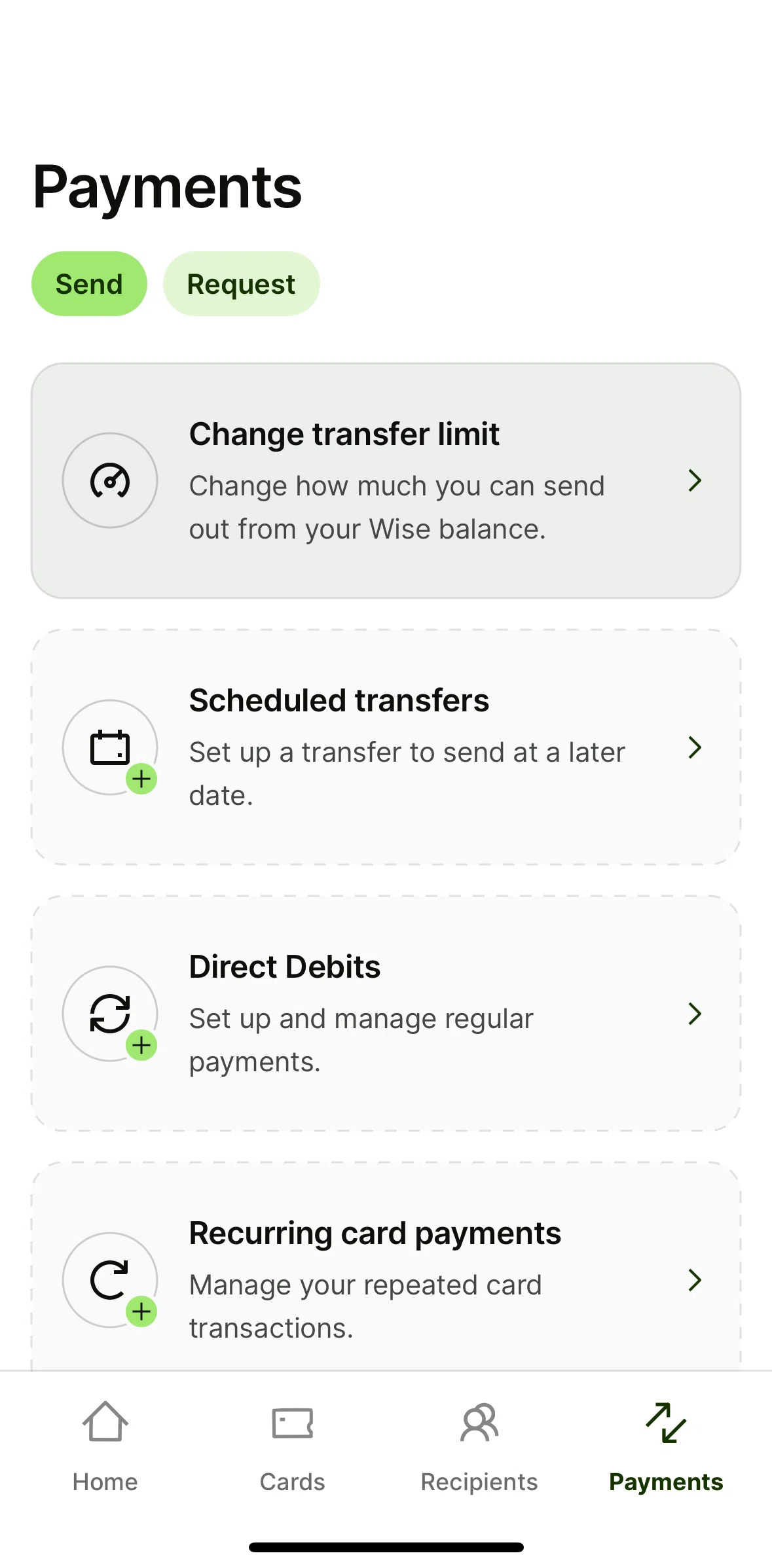 Wise Screen screen in the Setting up direct debit flow