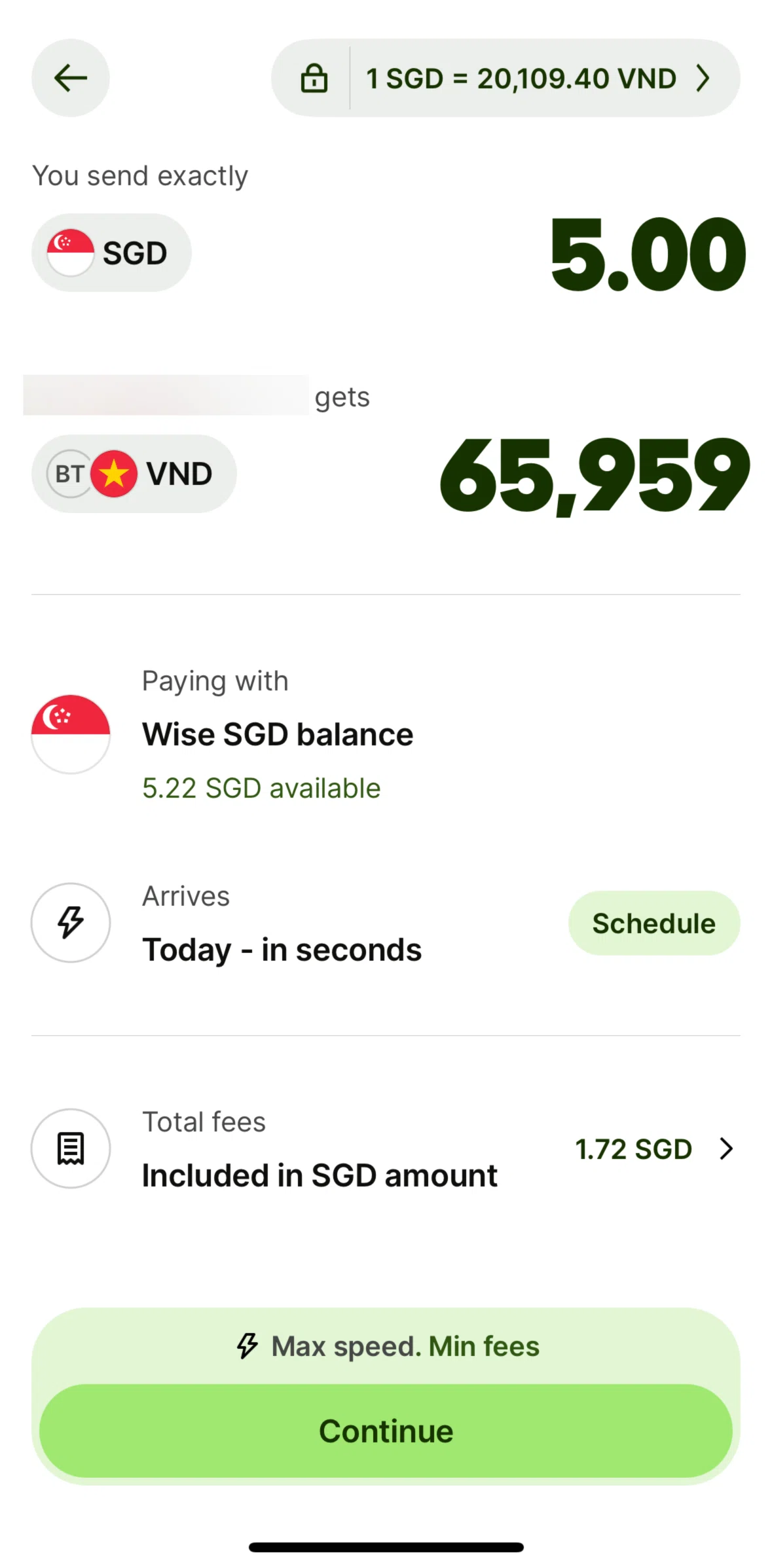 Wise Screen screen in the Total fees flow