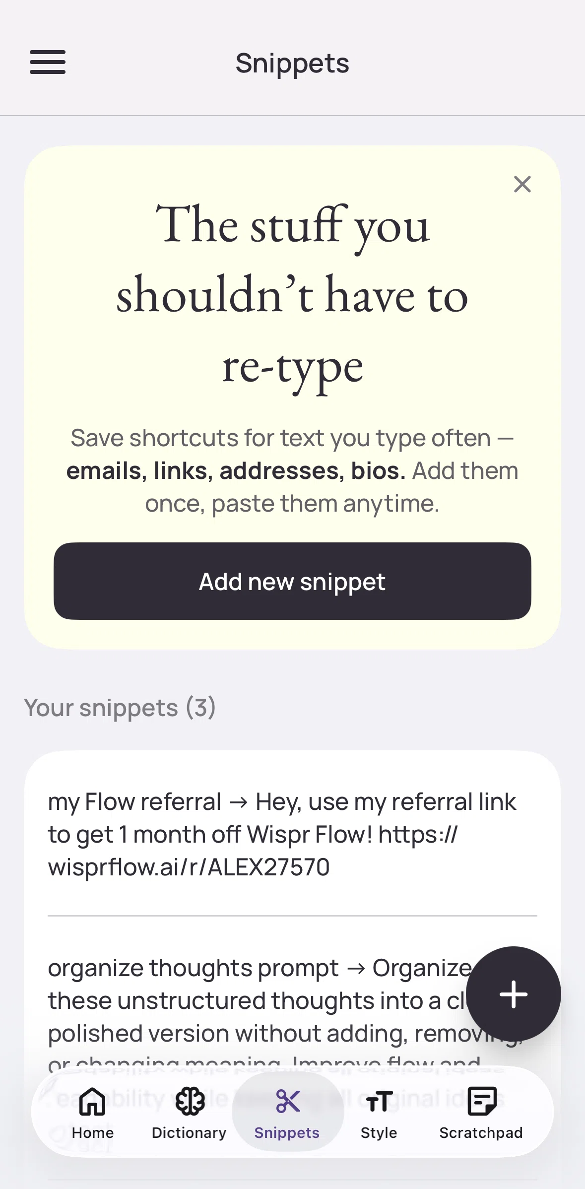 Wispr Flow Screen screen in the Adding a snippet flow
