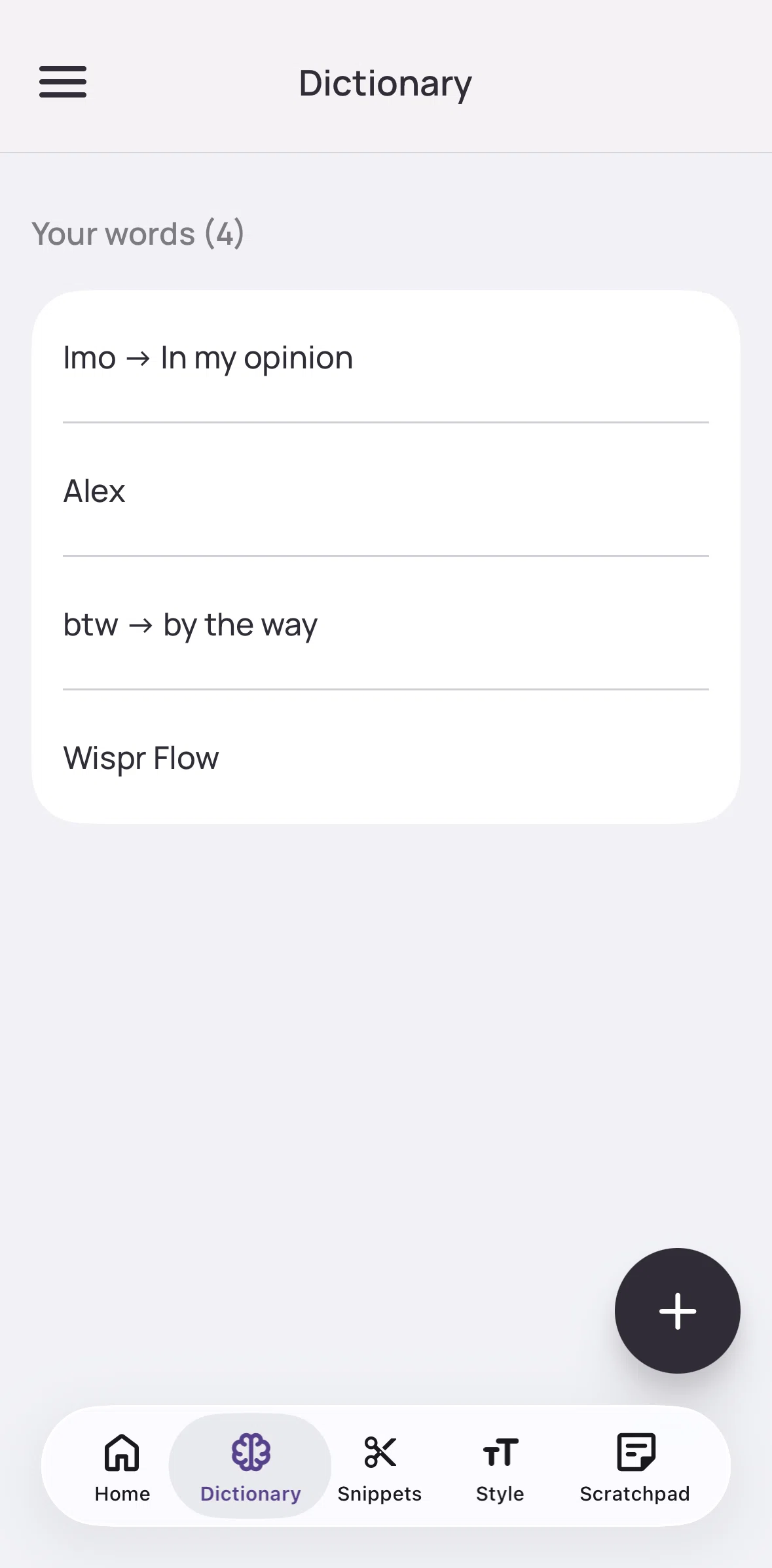 Wispr Flow Screen screen in the Deleting a word flow