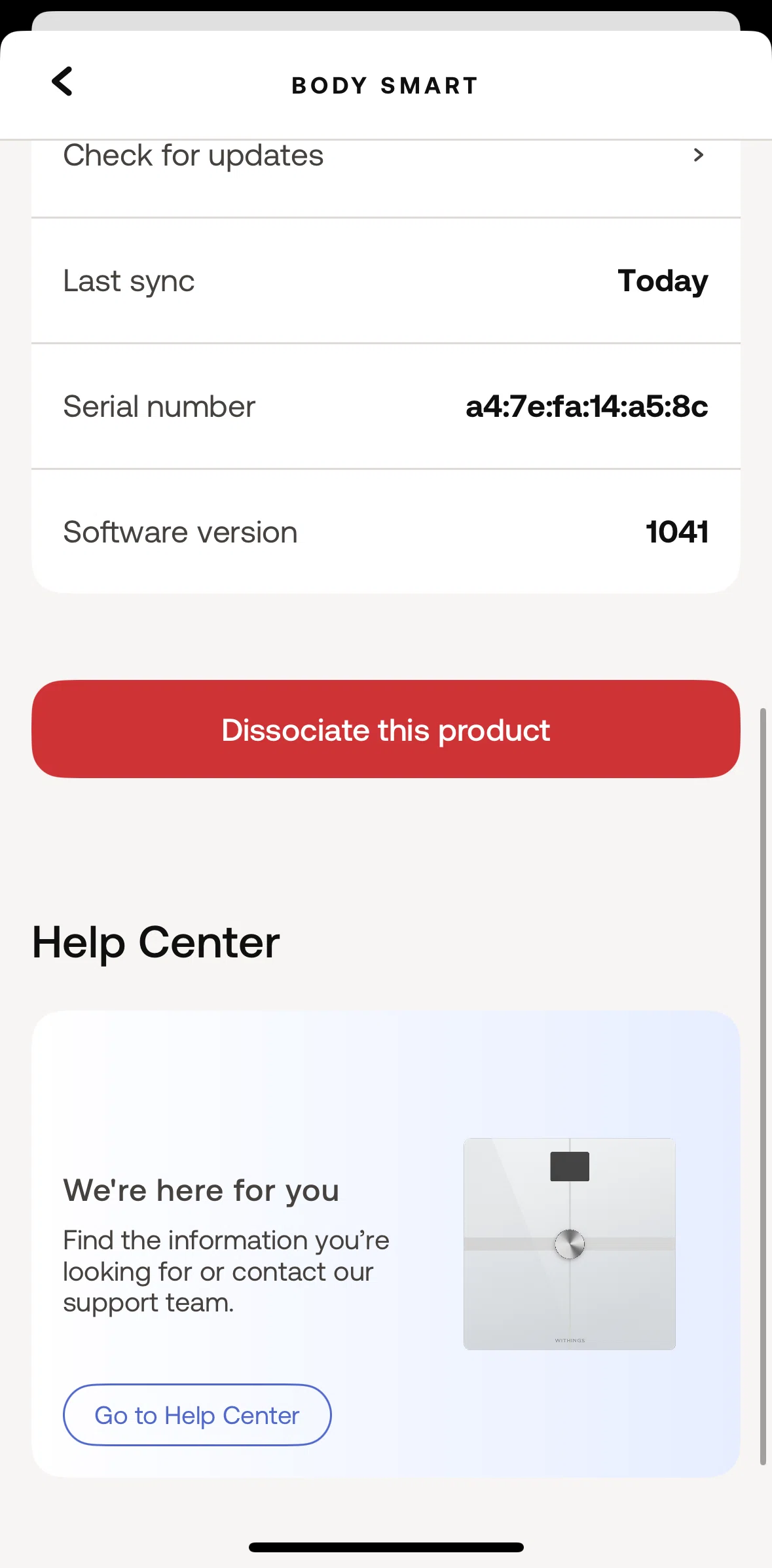 Withings Healthmate Screen screen in the Dissociating a device flow