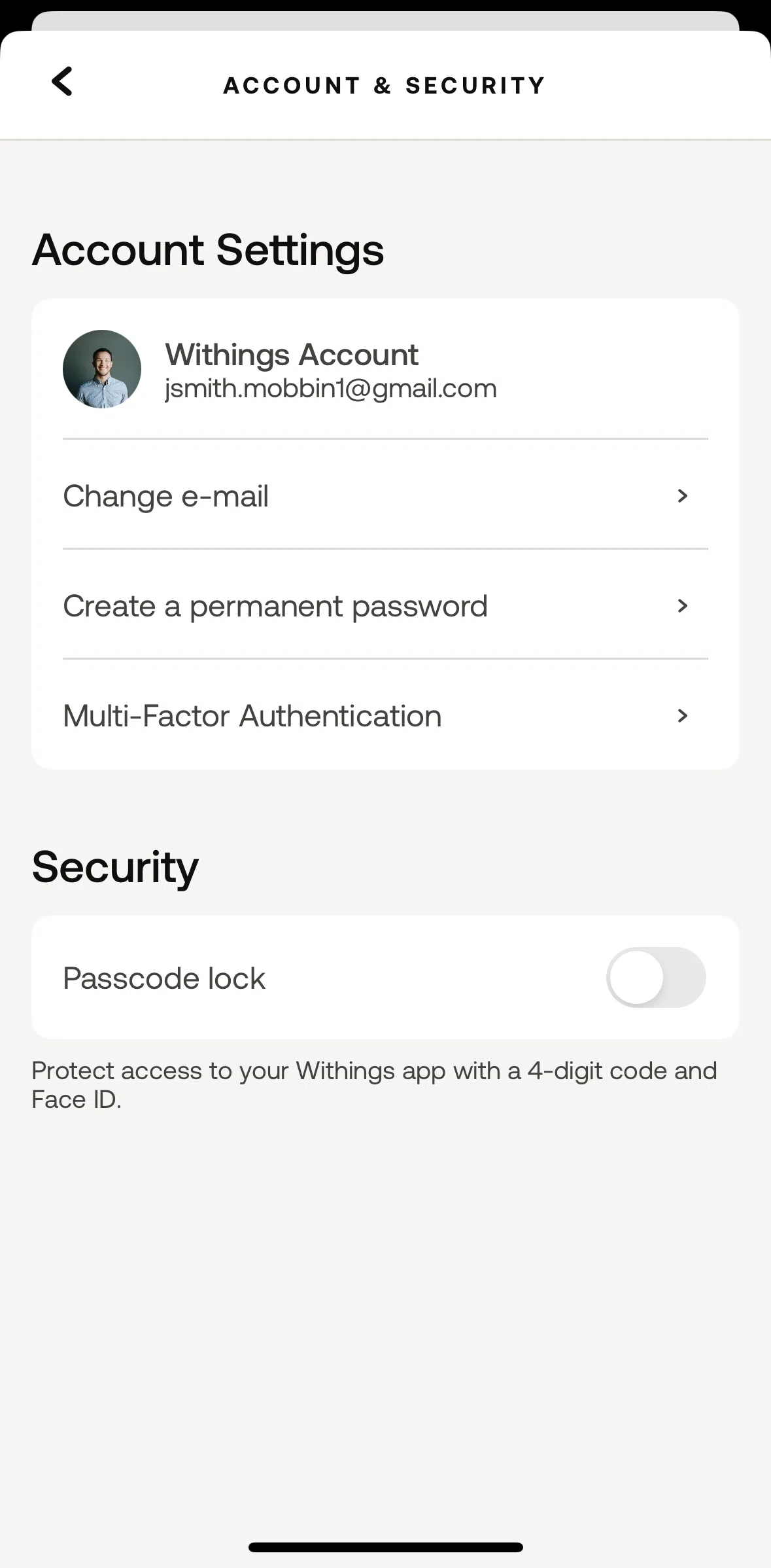 Withings Healthmate Screen screen in the Enabling passcode lock flow