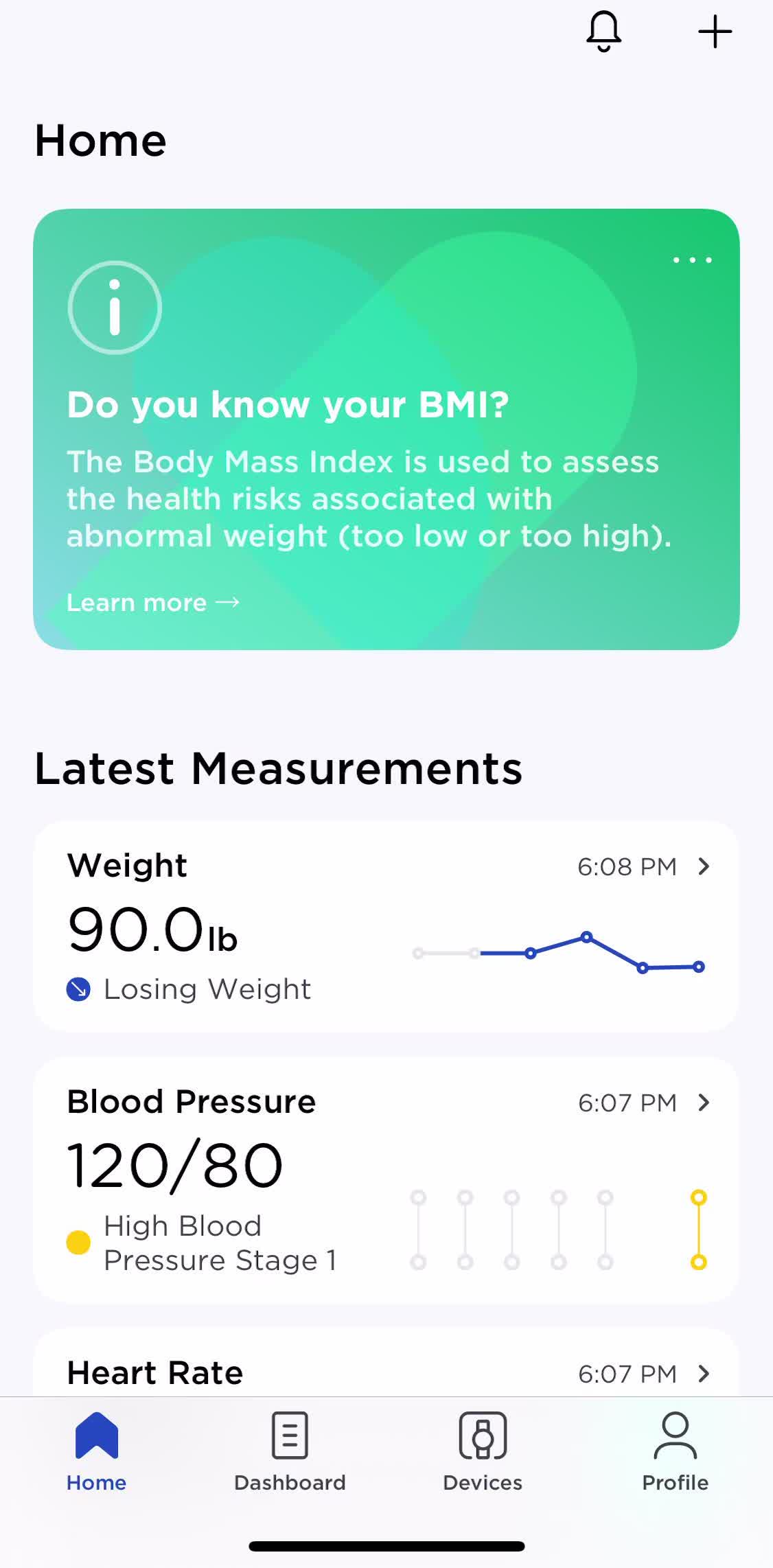 Withings Healthmate Home screen in the General Browsing flow