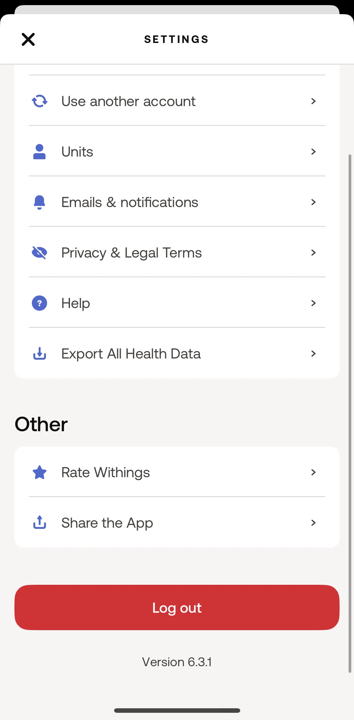 Withings Healthmate Screen screen in the Logging out flow
