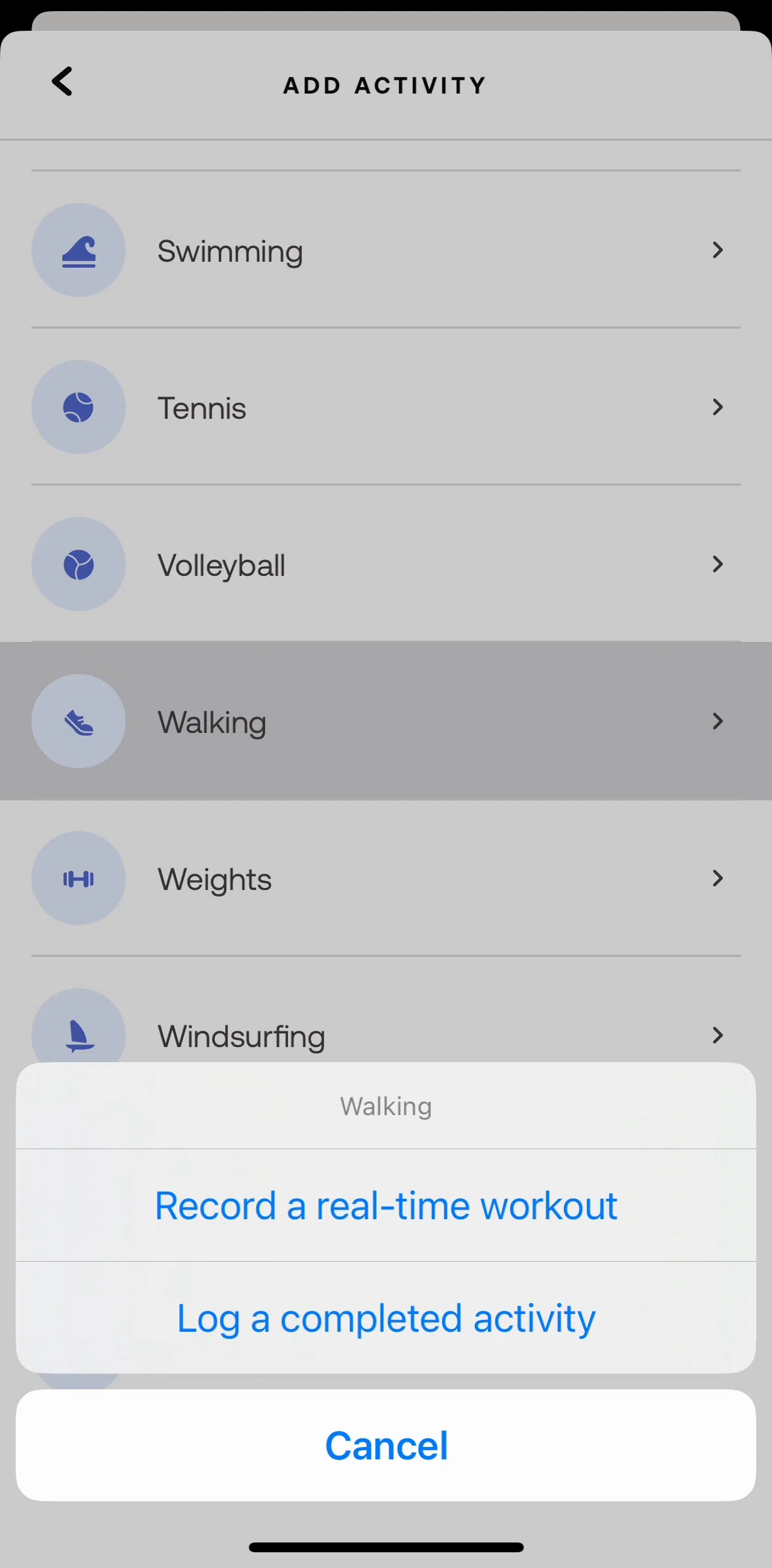 Withings Healthmate Screen screen in the Recording a real-time workout flow