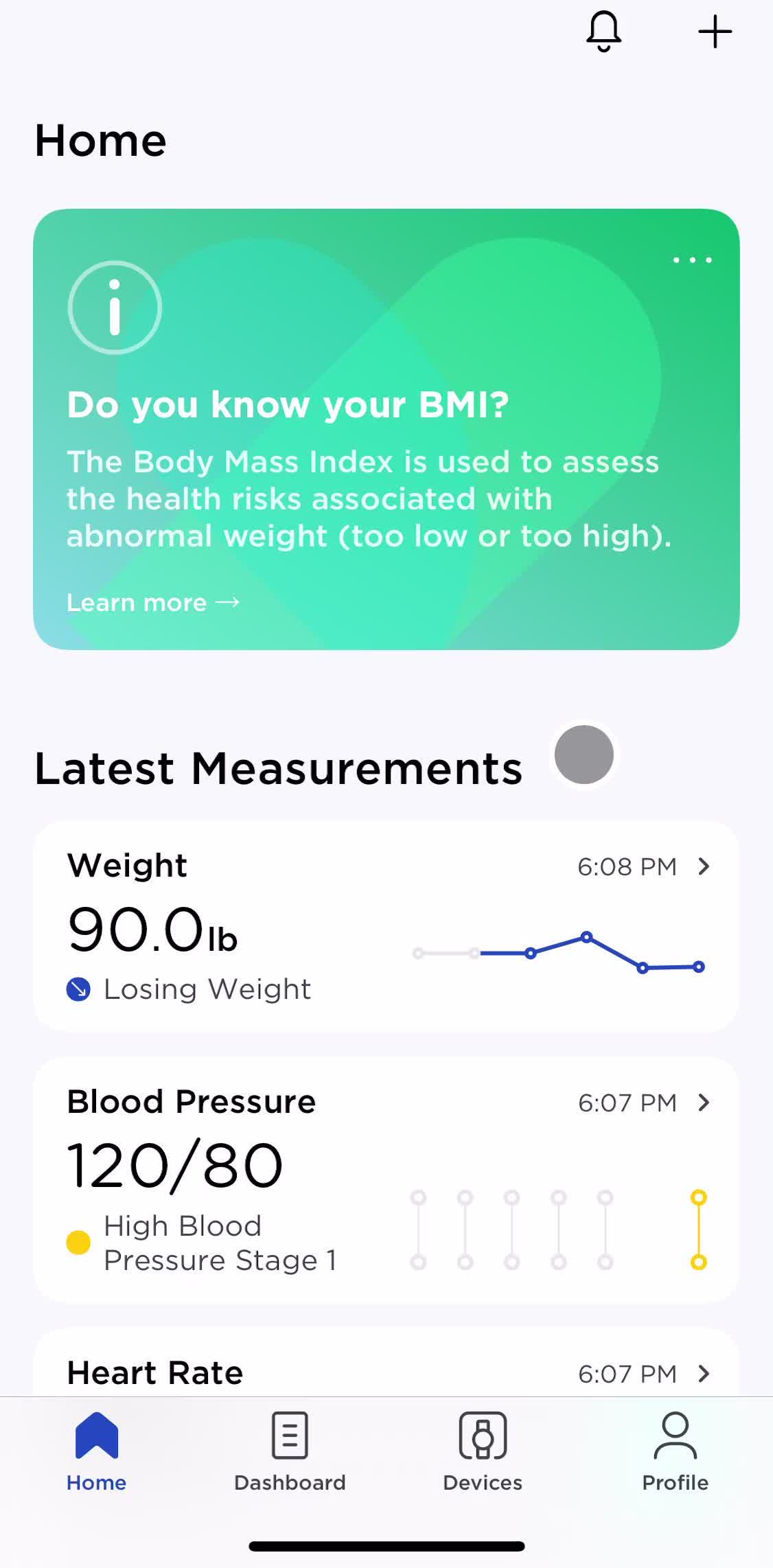 Withings Healthmate Home screen in the Reminders flow
