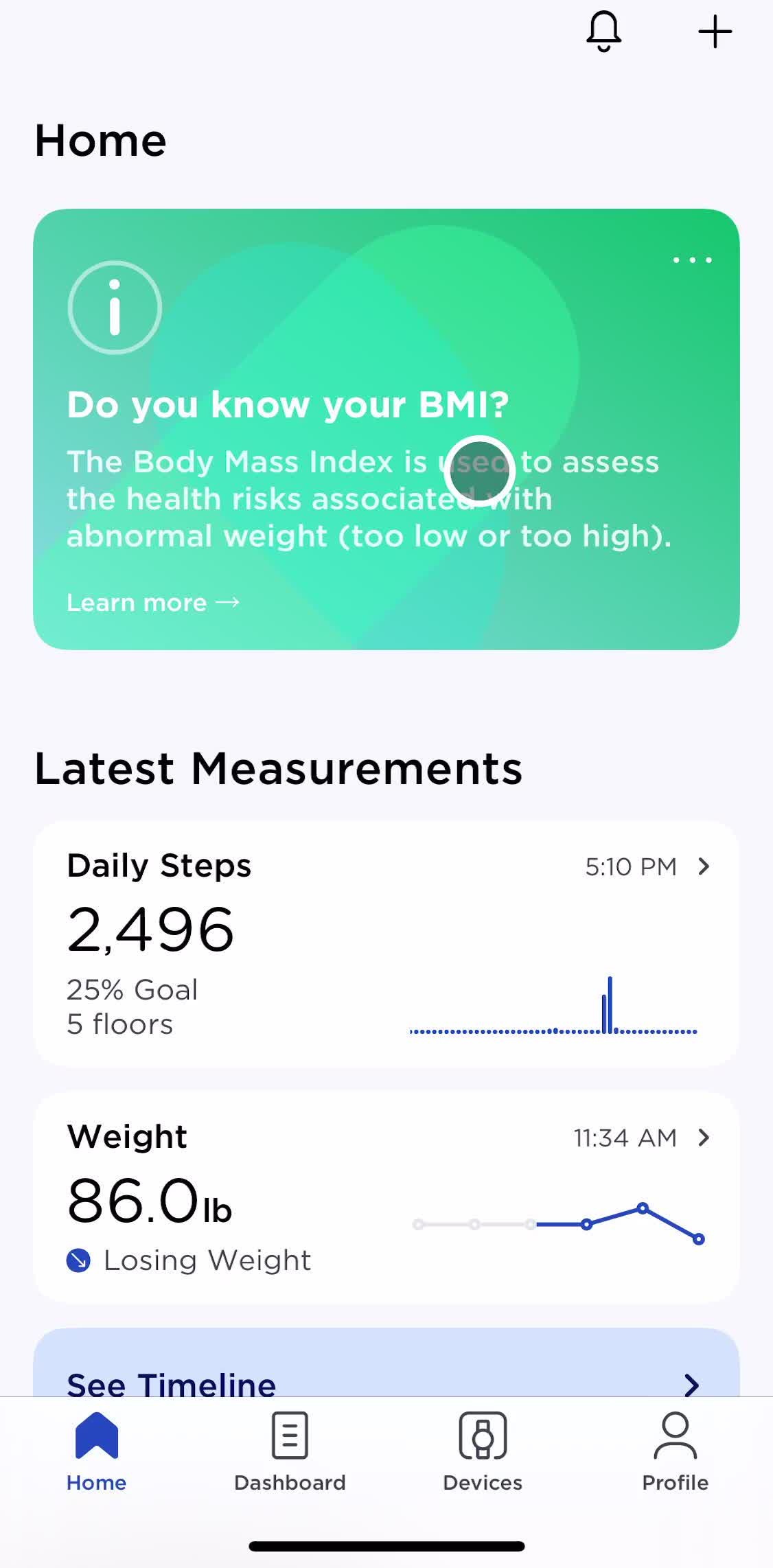 Withings Healthmate Home screen in the Tracking Activity flow