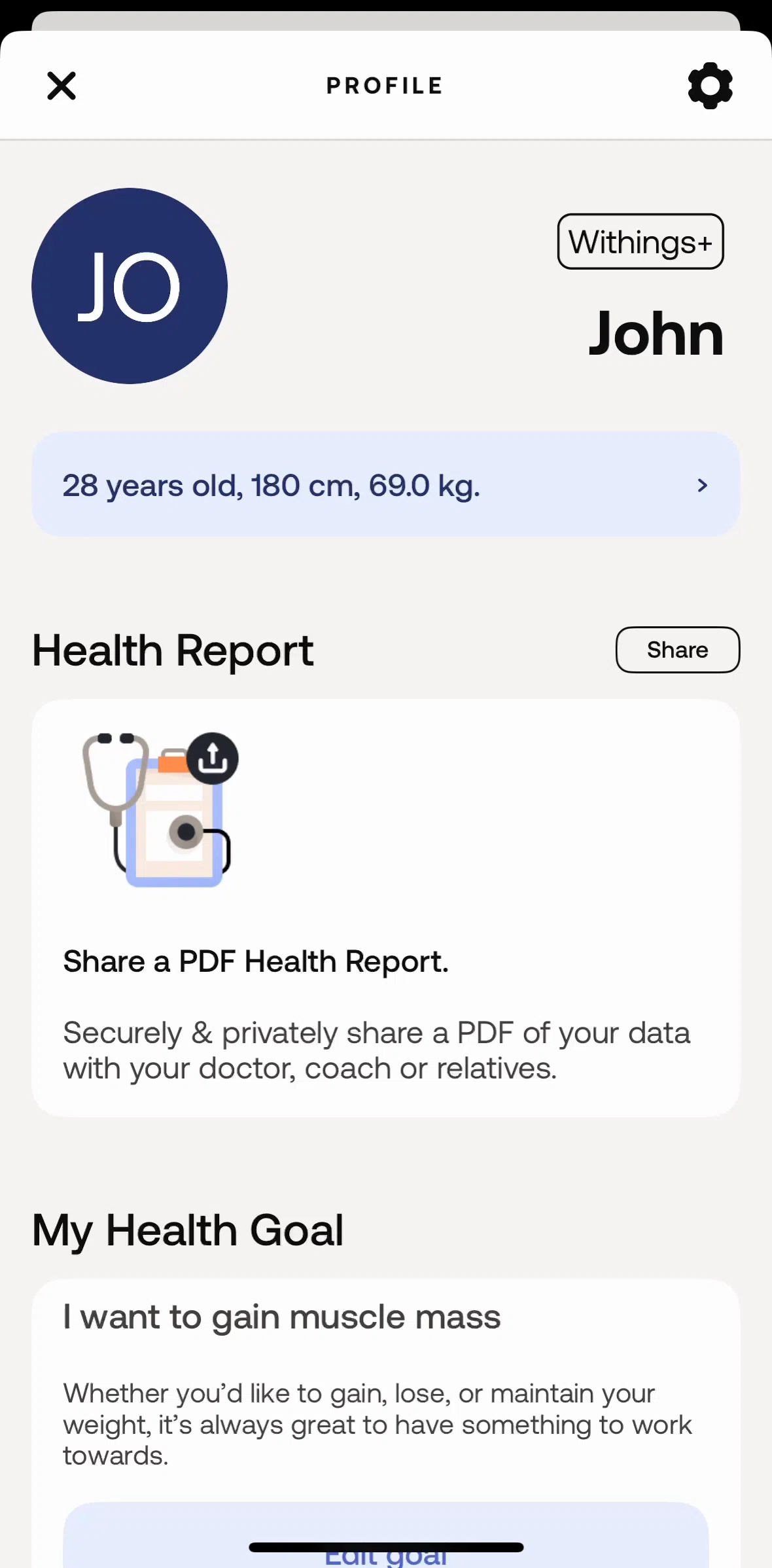 Withings Healthmate Screen screen in the Updating my profile flow