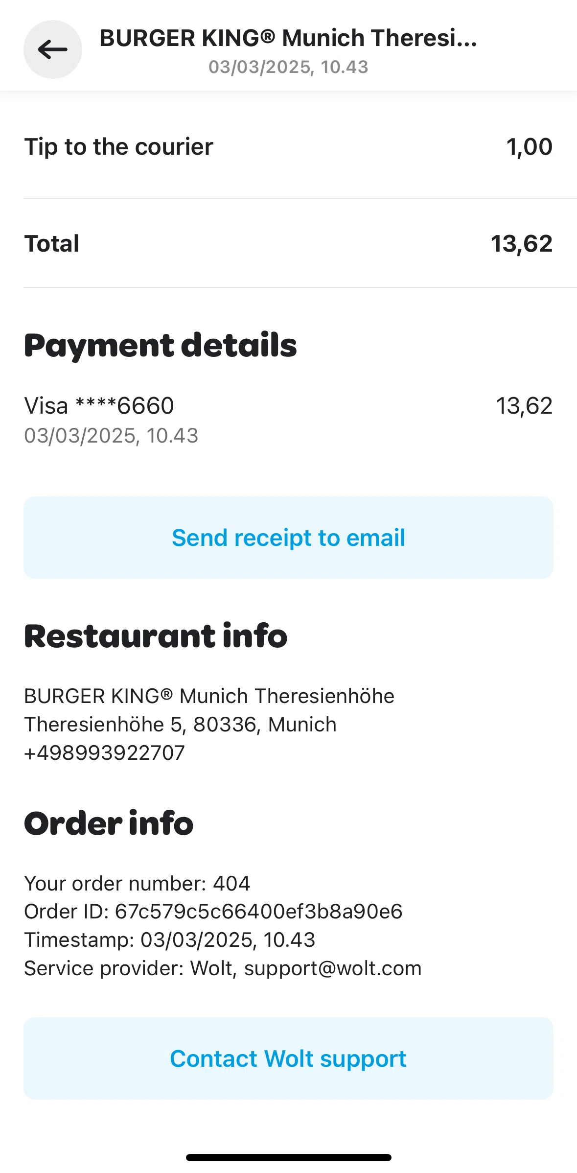Wolt Delivery Screen screen in the Contacting Wolt support flow
