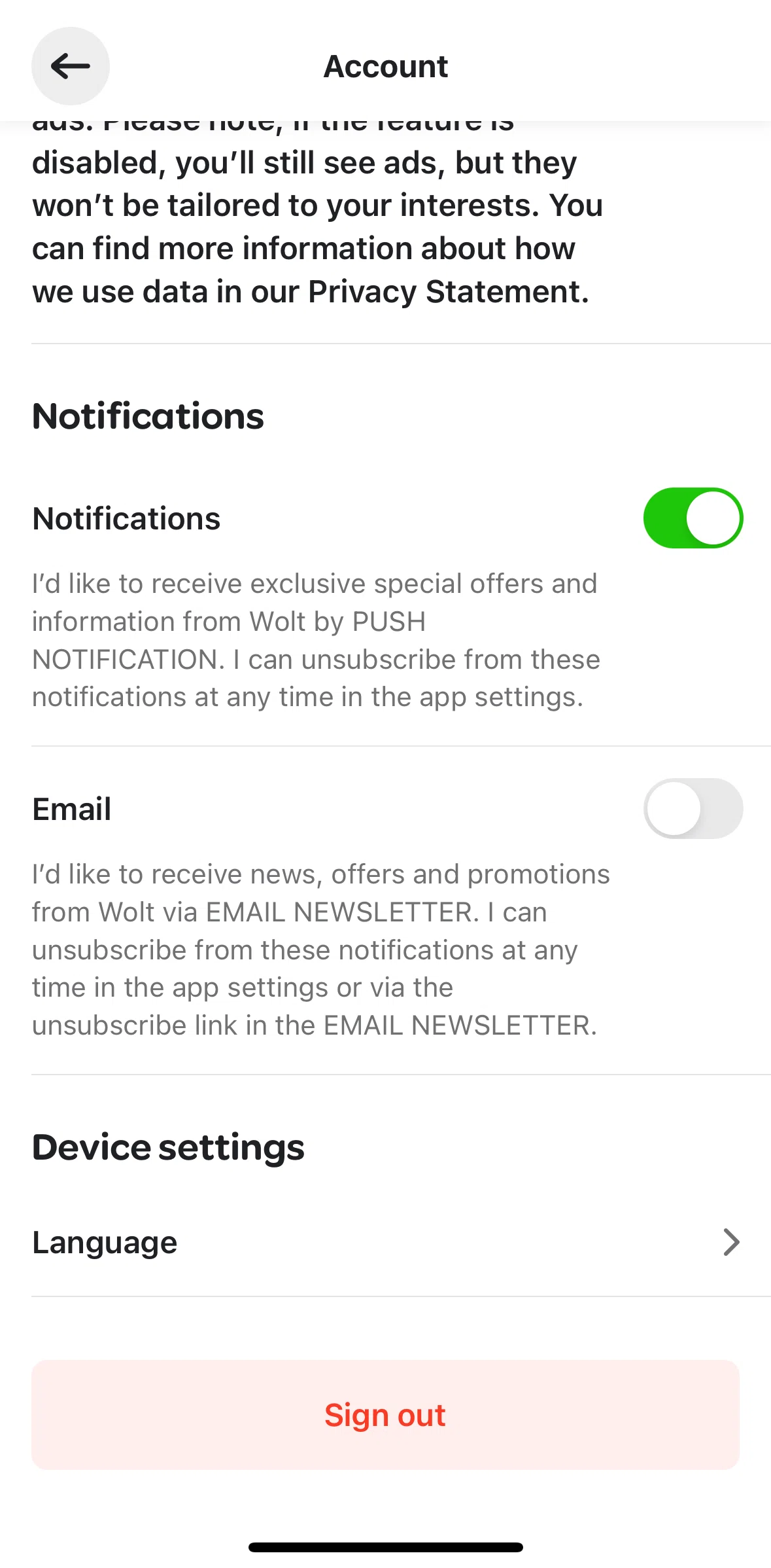 Wolt Delivery Screen screen in the Logging out flow