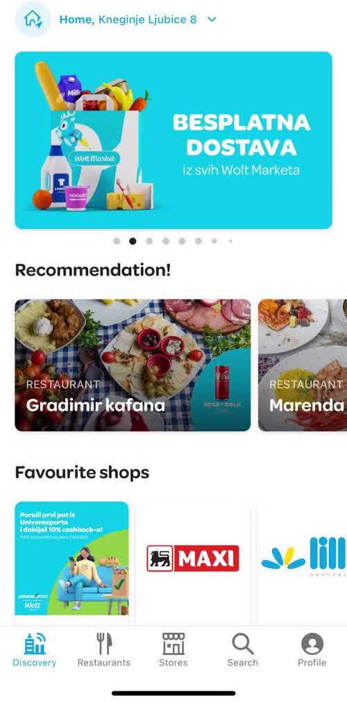 Wolt Home screen in the Searching flow