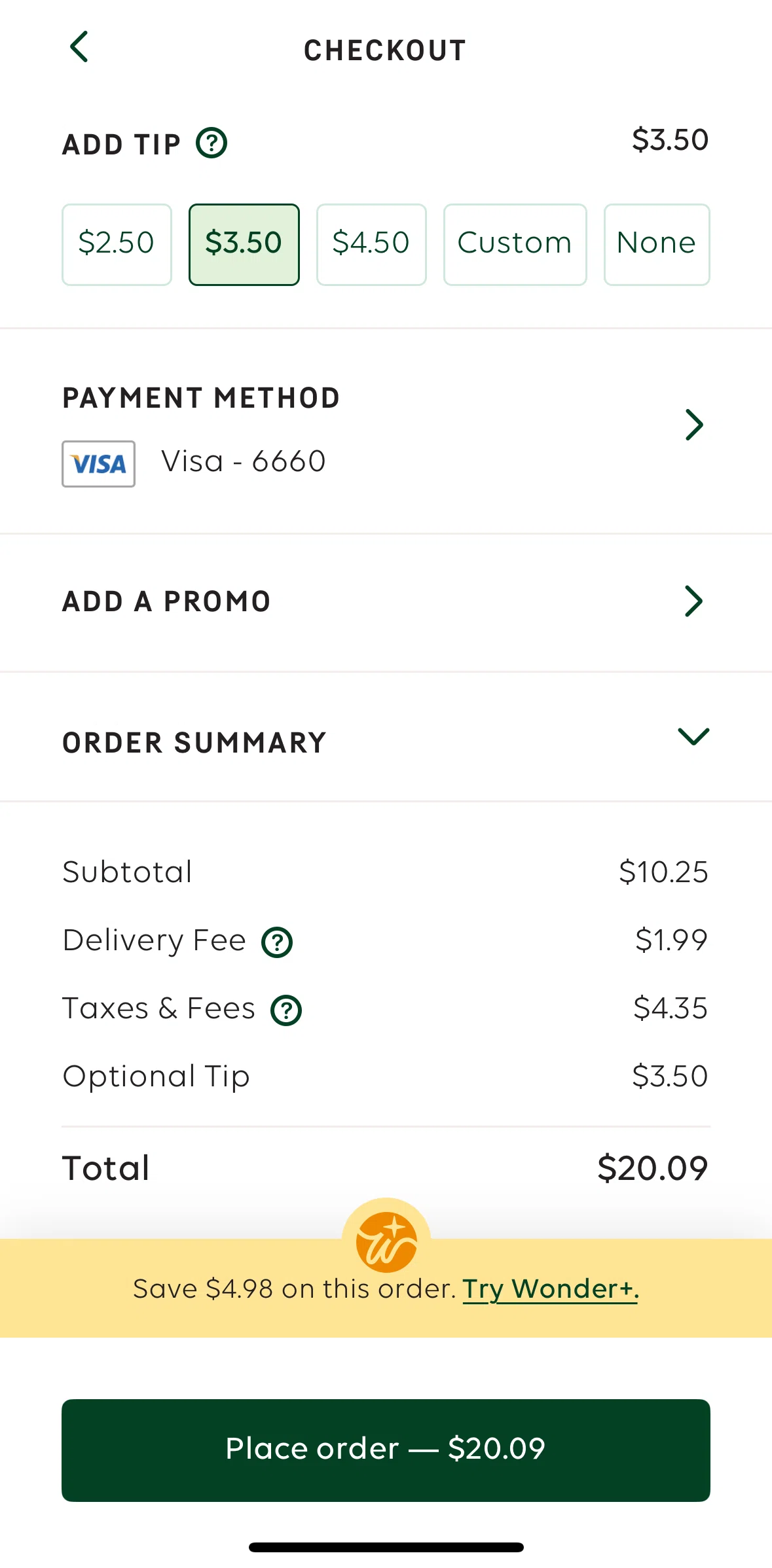 Wonder Screen screen in the Adding a promo code flow