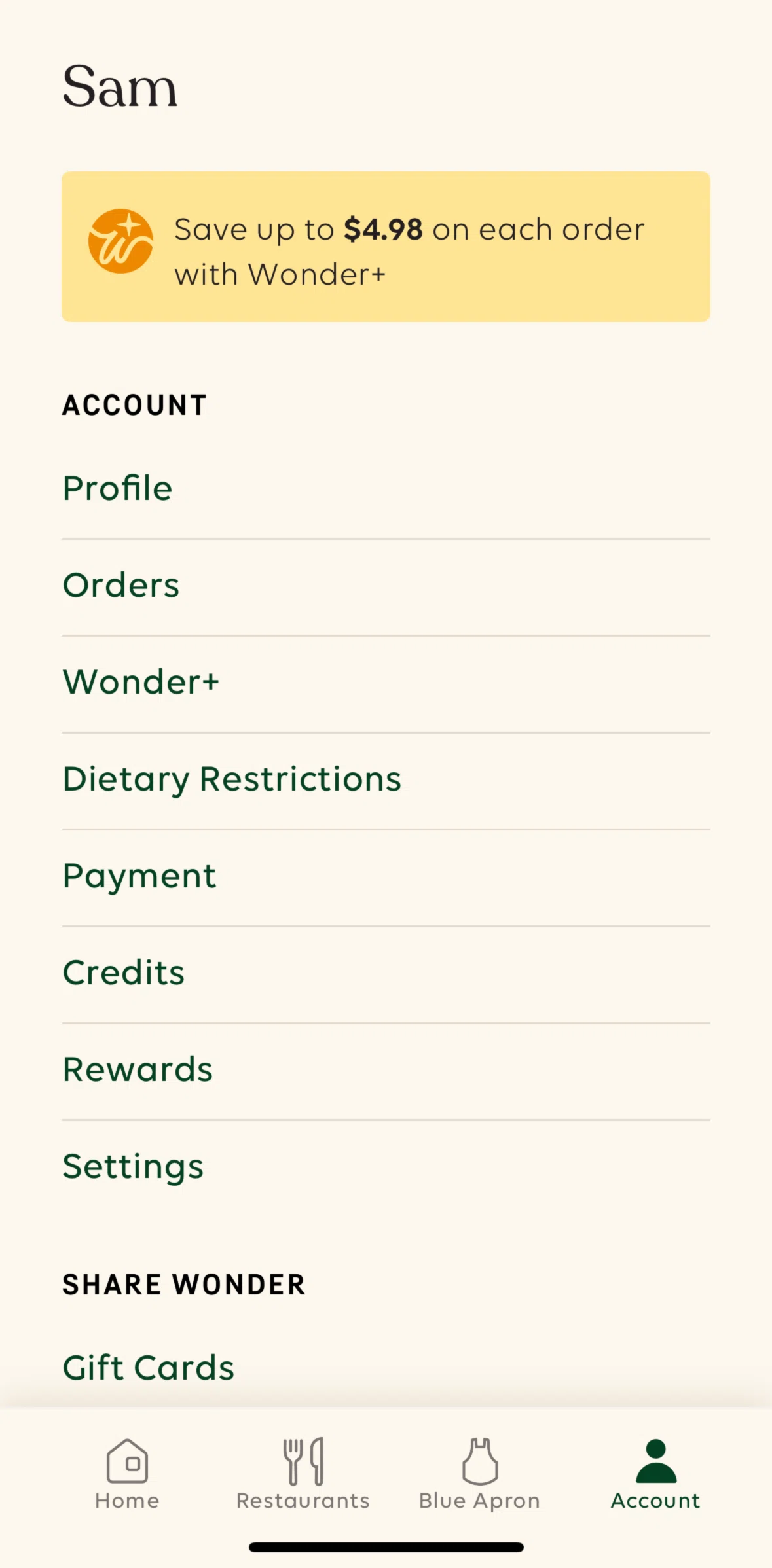Wonder Screen screen in the Customizing dietary restrictions flow