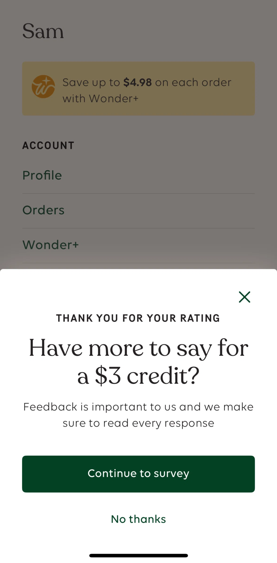 Wonder Screen screen in the Filling a survey flow