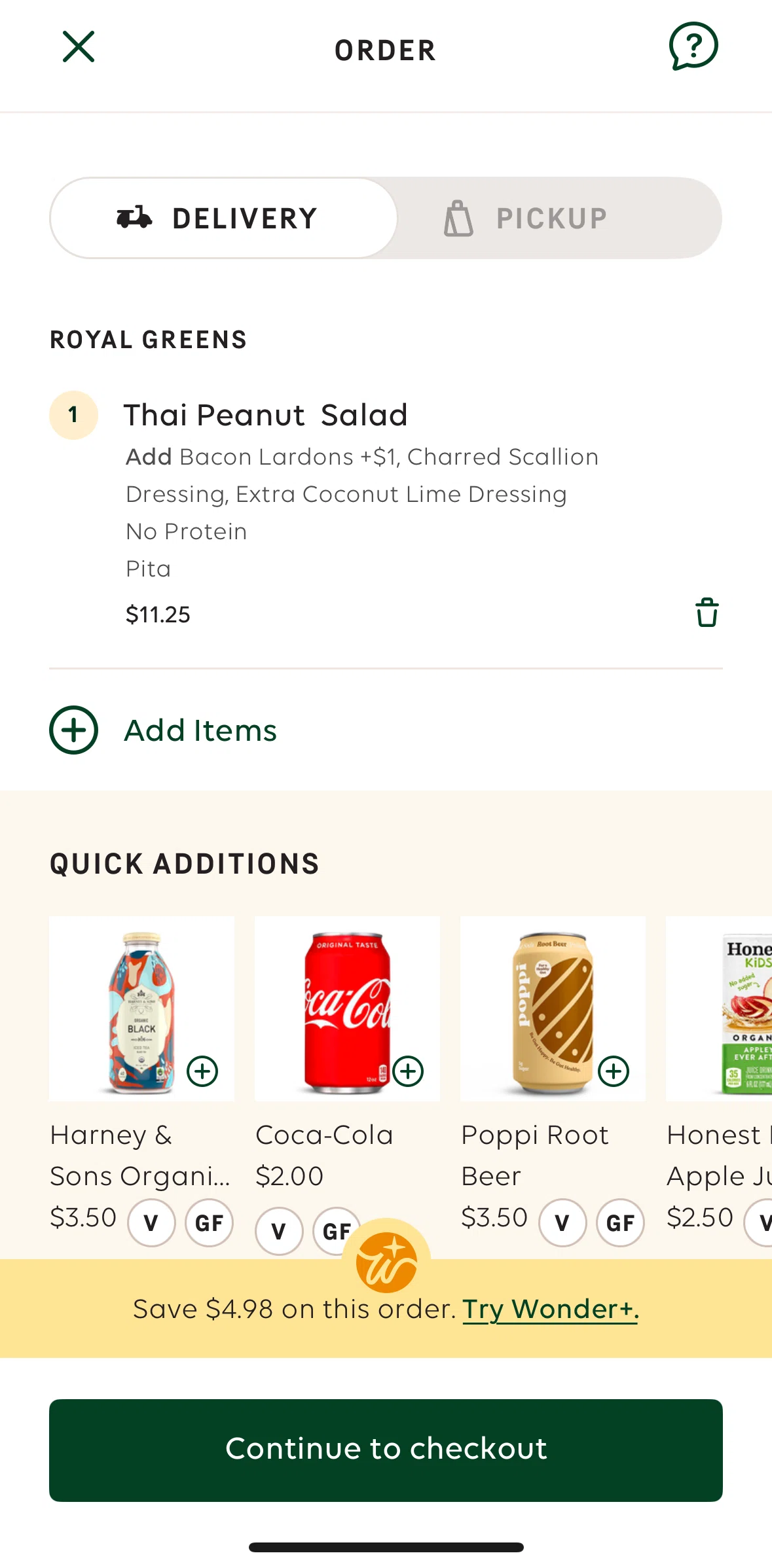 Wonder Screen screen in the Placing a pickup order flow