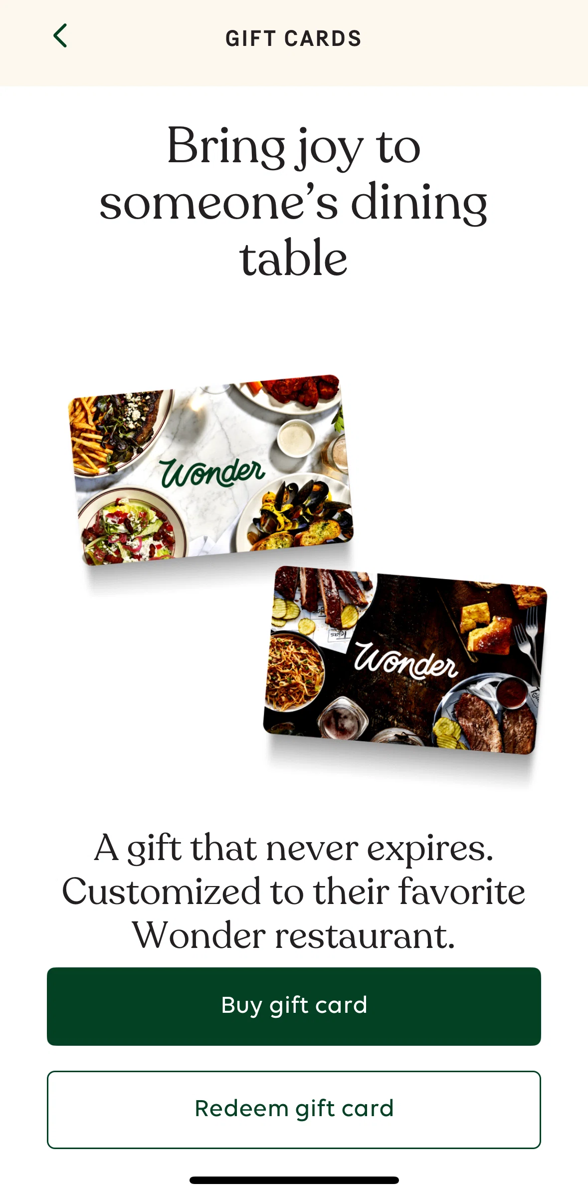 Wonder Screen screen in the Redeem a gift card flow