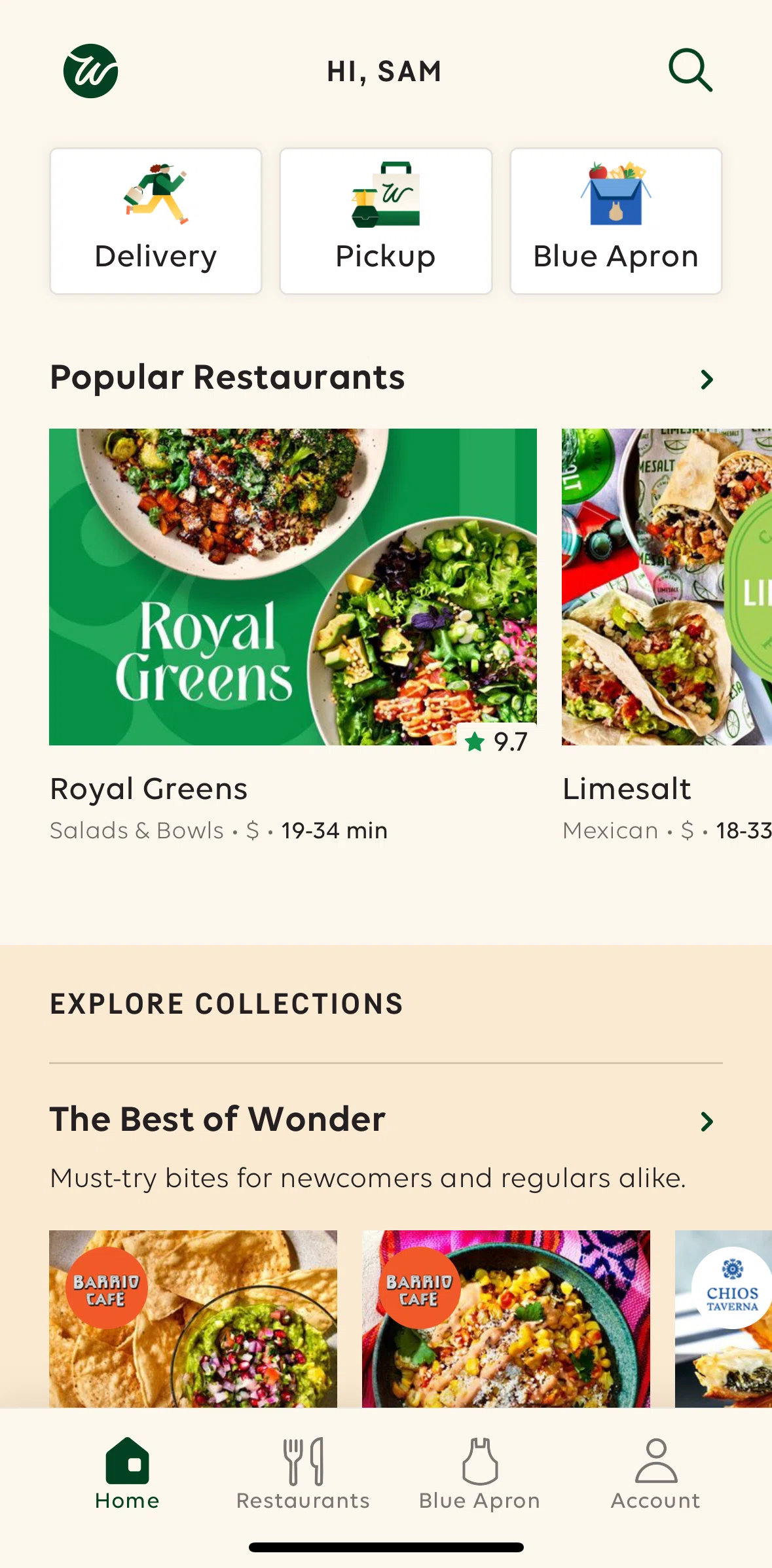 Wonder Screen screen in the Restaurant menu flow