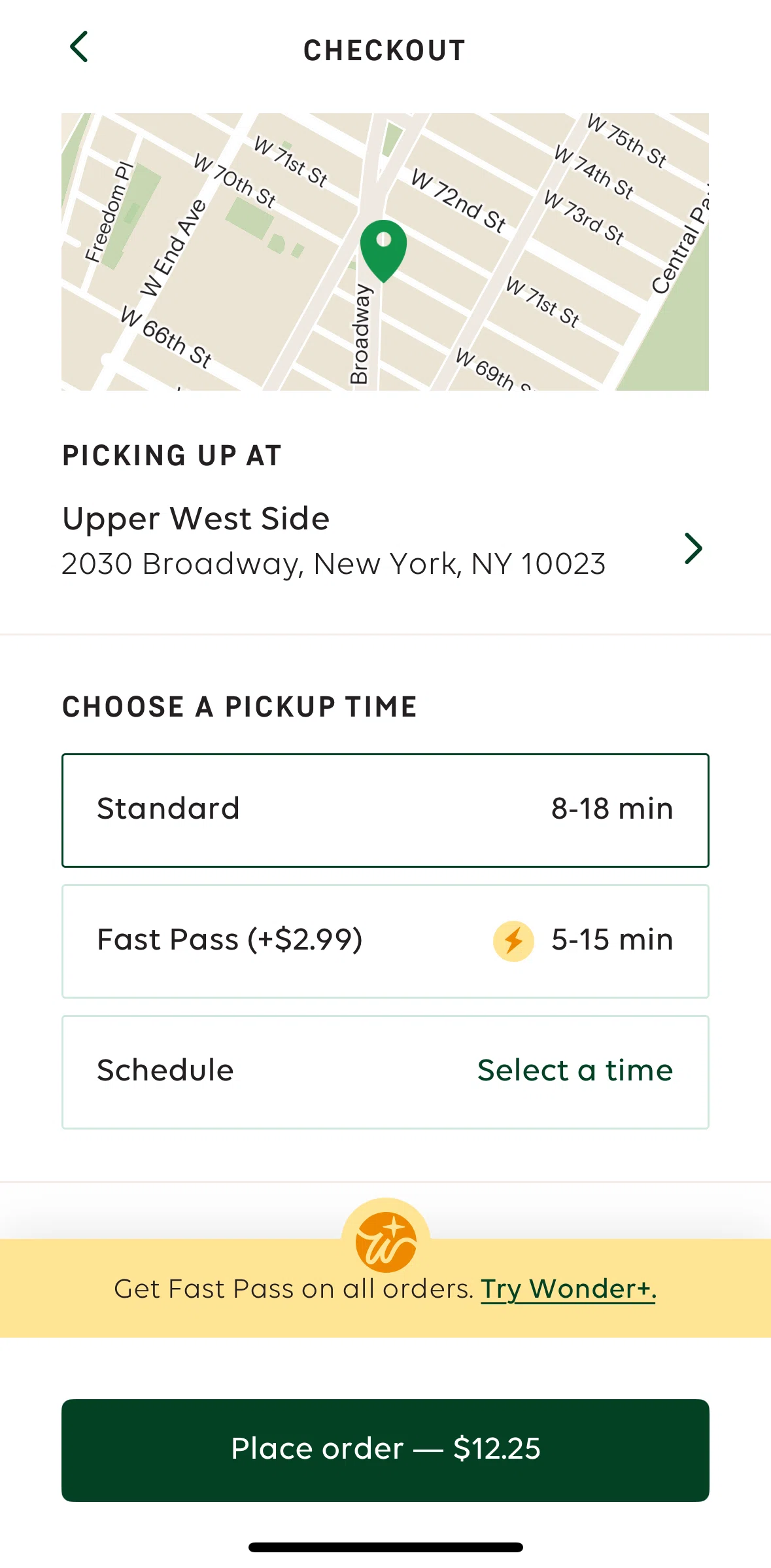 Wonder Screen screen in the Scheduling an order flow