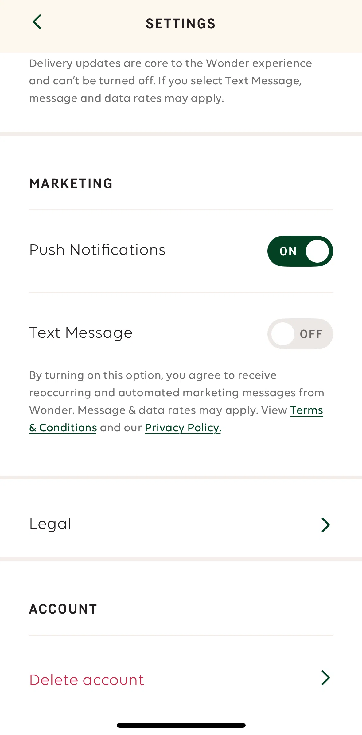 Wonder Screen screen in the Terms of service flow