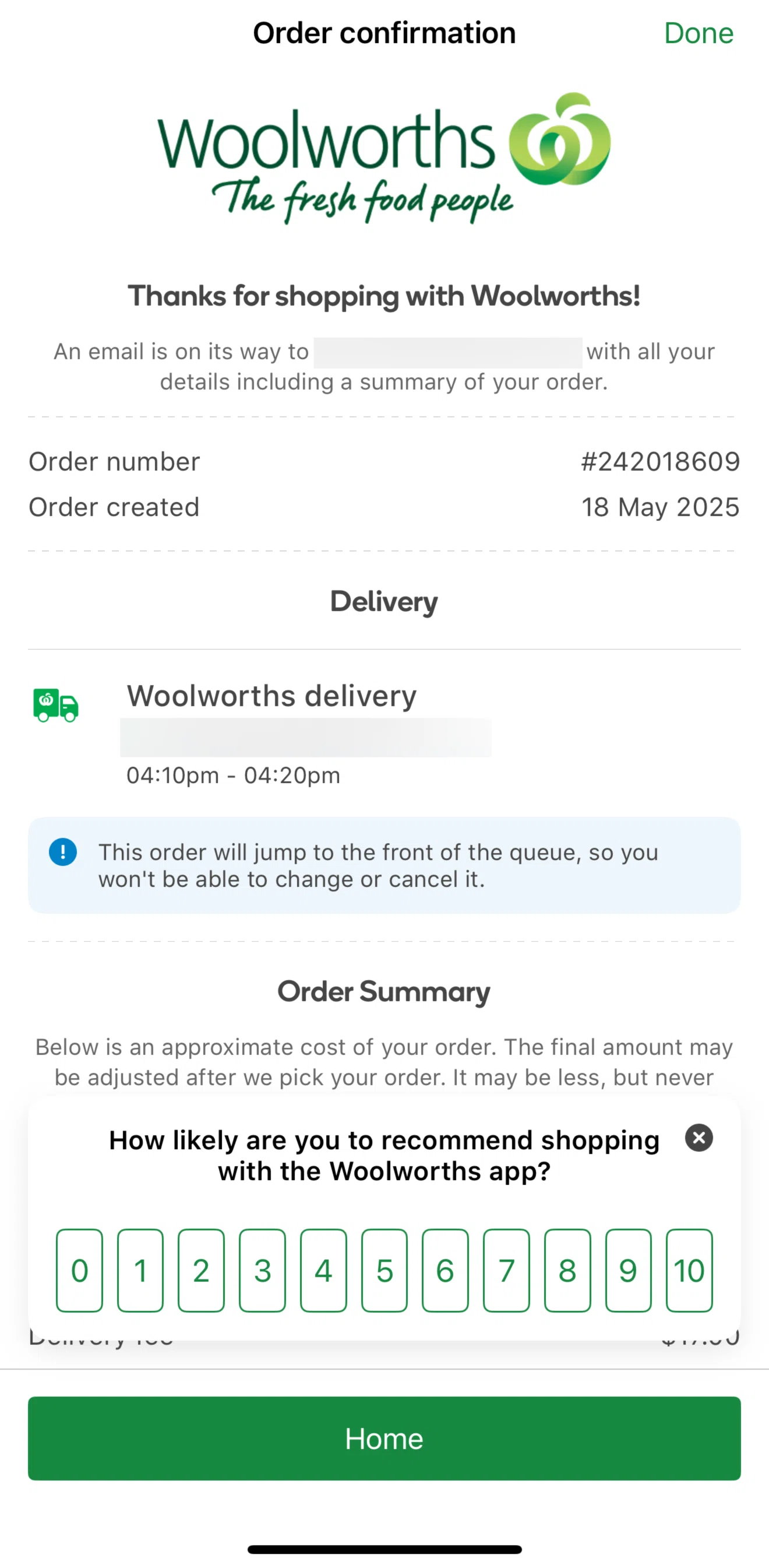 Woolworths Screen screen in the Give feedback to Woolworths flow