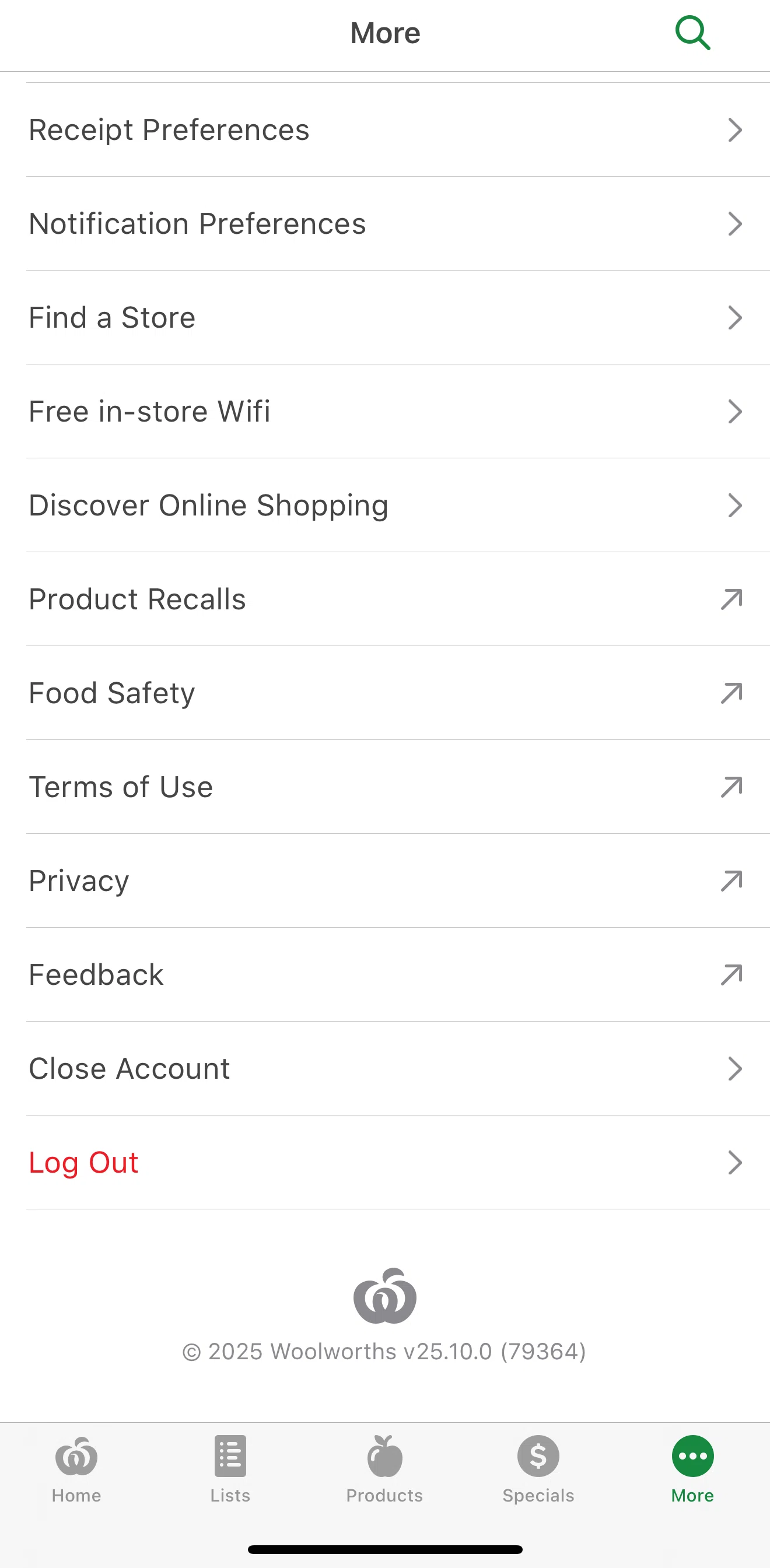 Woolworths Screen screen in the Logging out flow