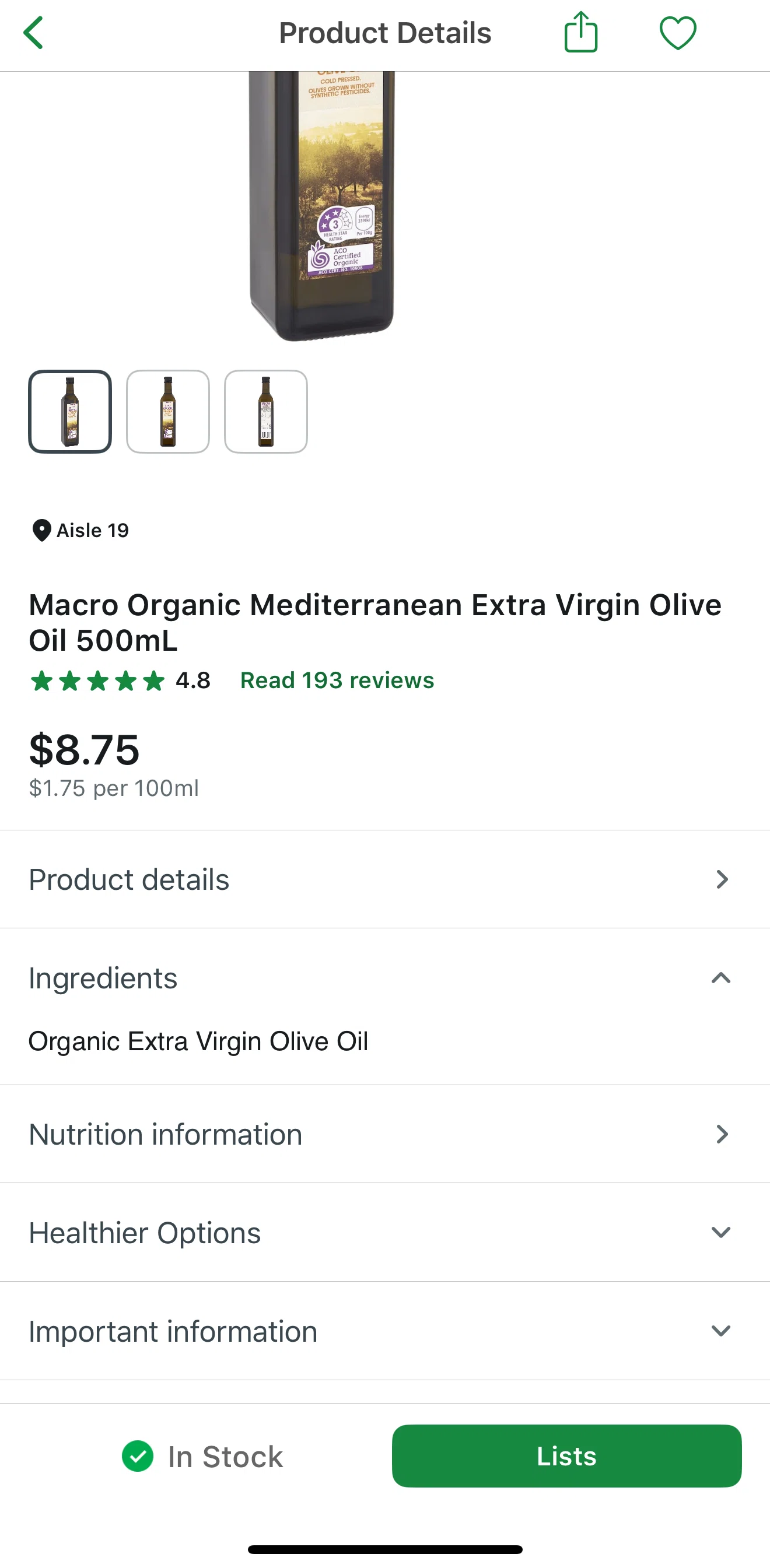 Woolworths Screen screen in the Nutrition information flow