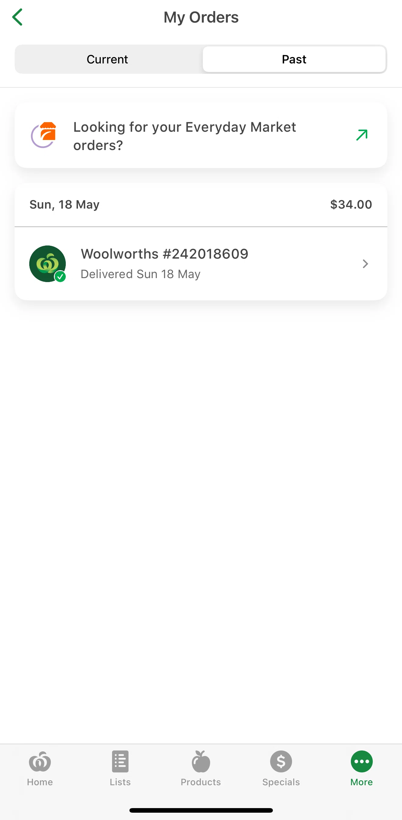 Woolworths Screen screen in the Order details (completed) flow